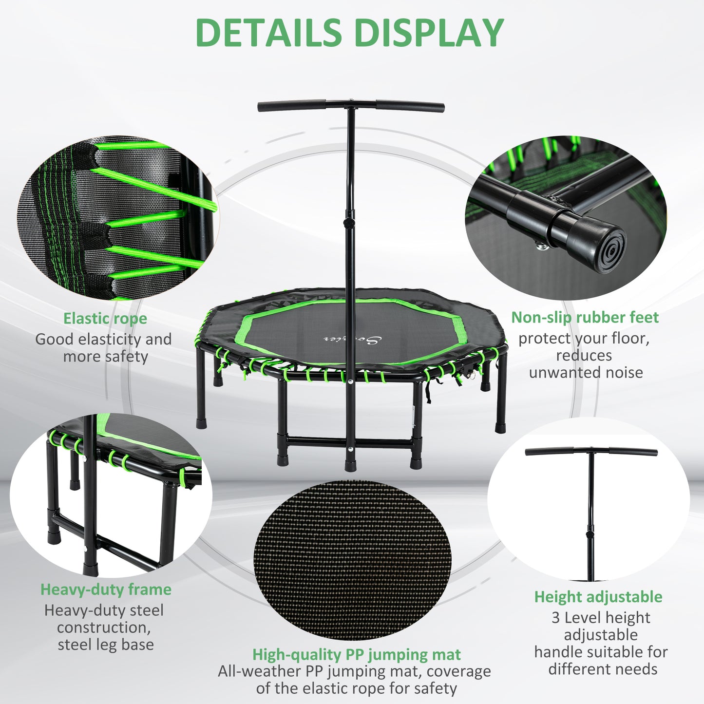 Foldable Mini Trampoline with Adjustable Handle Bar 48" for Adult Fitness Workout Green Kids Crystal