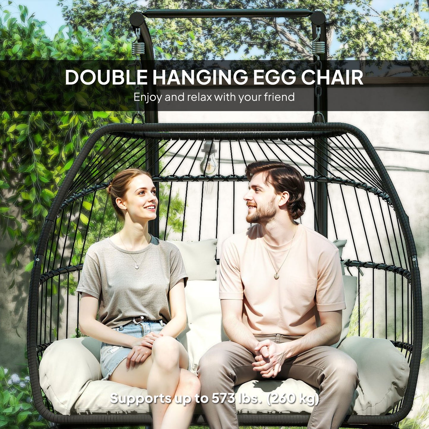 Double Wicker Egg Swing Chair with Stand, Foldable Hanging Egg Chair with UV Resistant Cushion, Headrest, Cream White Kids Crystal