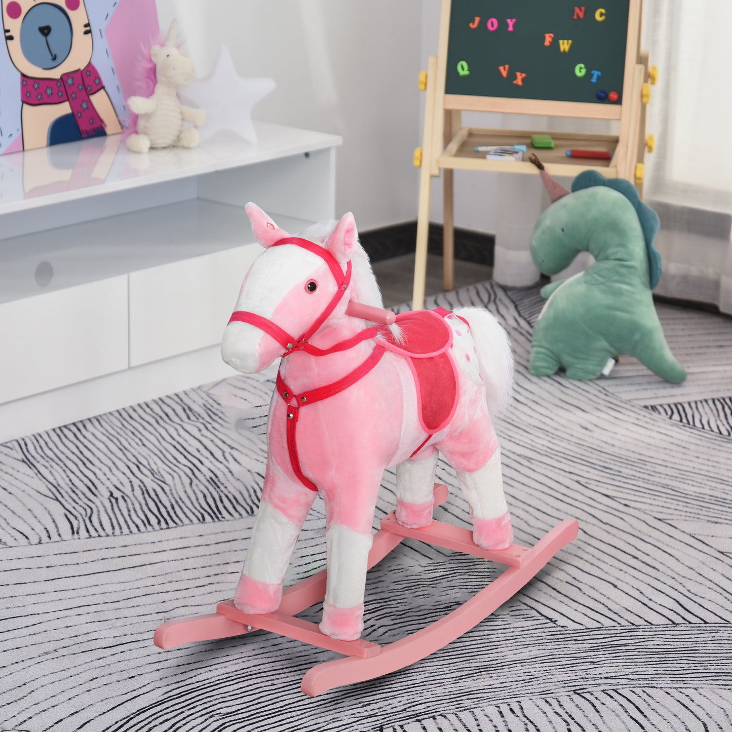 Rocking Plush Horse Poney Pony Children Kid Ride on Toy w/ Realistic Sound (Light Pink) Kids Crystal