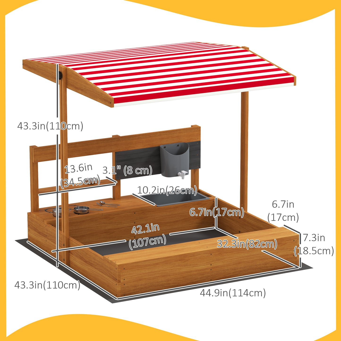 Kids Sandbox with Cover Kitchen Playset Toys, Wooden Sand Box with Seat, Storage, for 3-7 Years Old, Red Kids Crystal