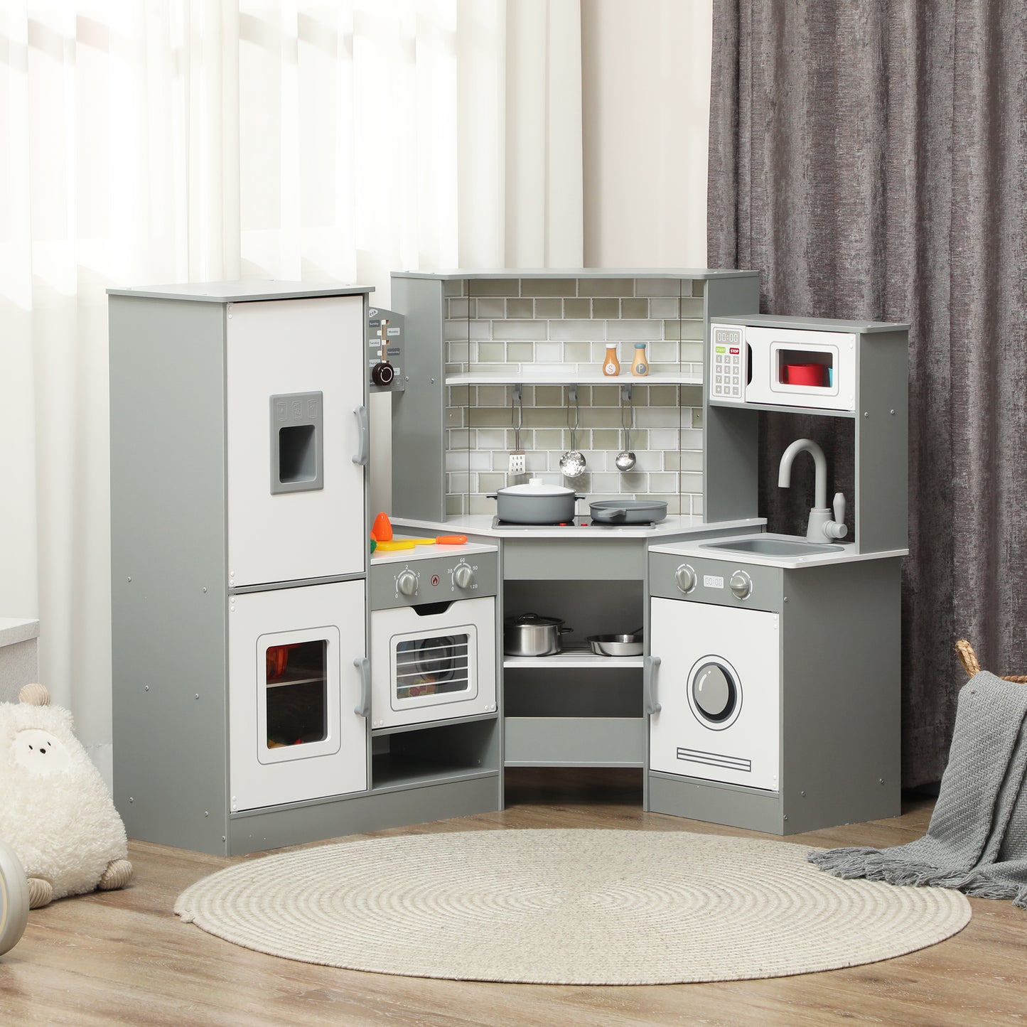 Corner Play Kitchen, Pretend Play Kitchen Set with Lights & Sounds, Stove Ice Maker Microwave Oven Kids Crystal