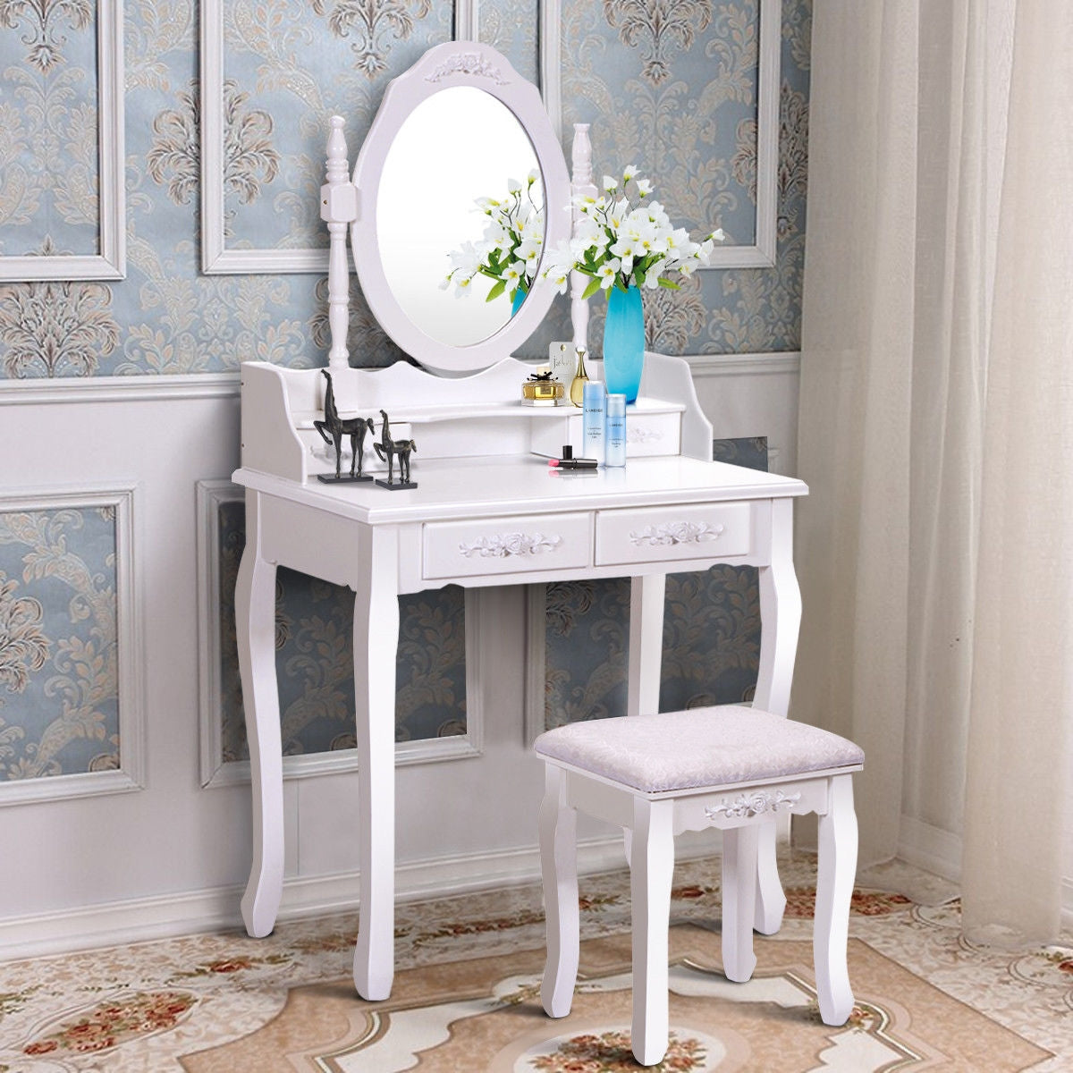 Wood Vanity Table Set with Oval Mirror and 4 Drawers for Kids Girls Women-White Kids Crystal