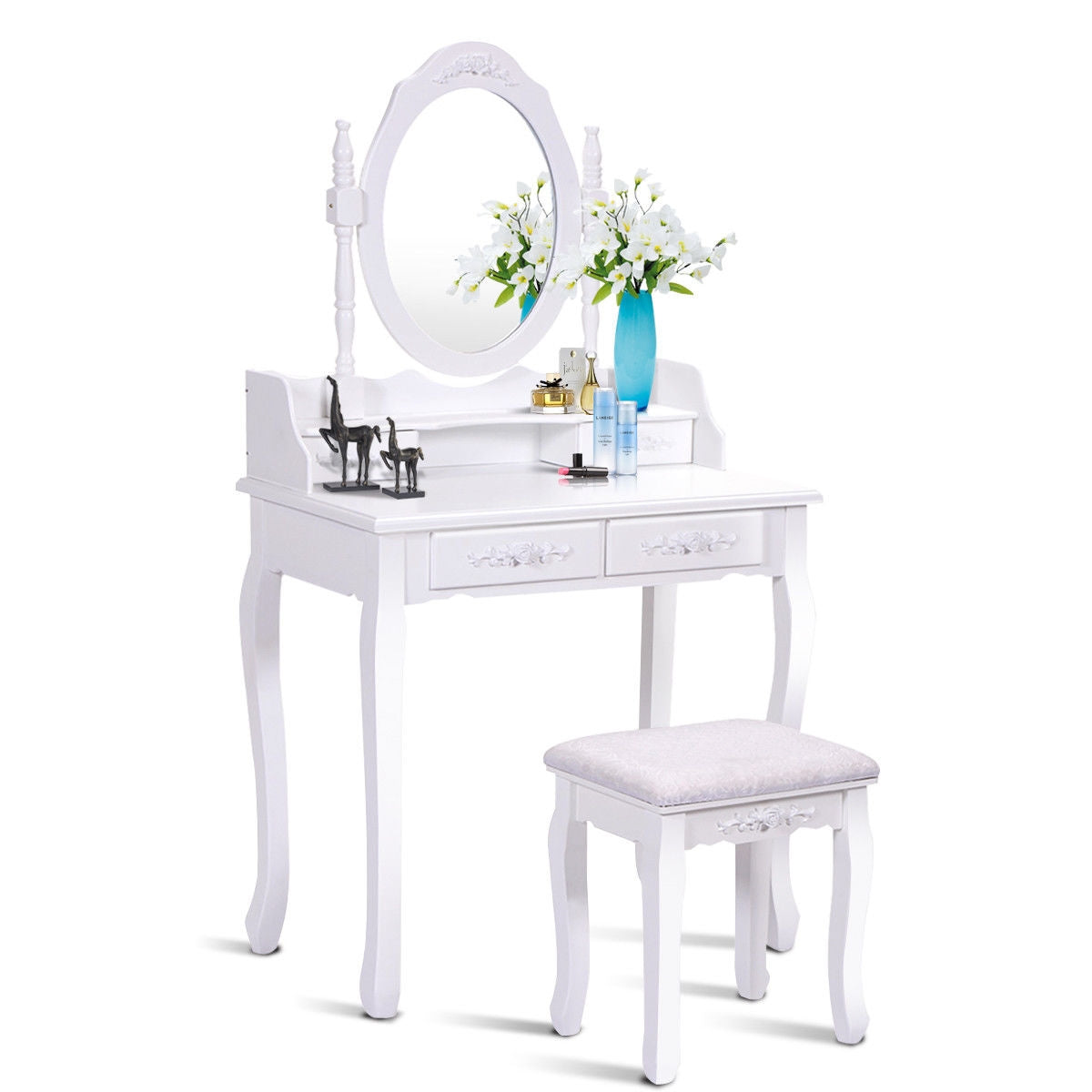 Wood Vanity Table Set with Oval Mirror and 4 Drawers for Kids Girls Women-White Kids Crystal