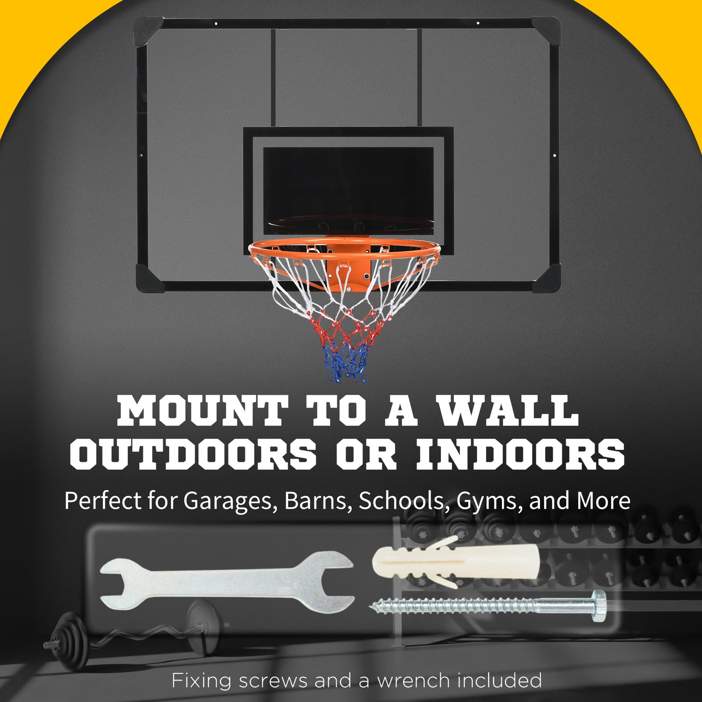 Wall Mounted Mini Basketball Hoop with 45" x 29" Backboard, Rim and All-Weather Net for Indoor and Outdoor Use Kids Crystal