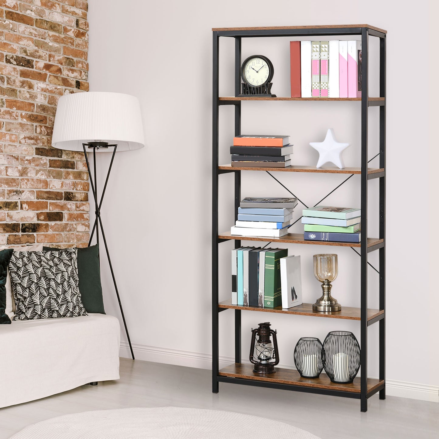 Bookcase 6-Tier Retro Industrial Metal Frame Display Shelf Living Room Study Kids Crystal