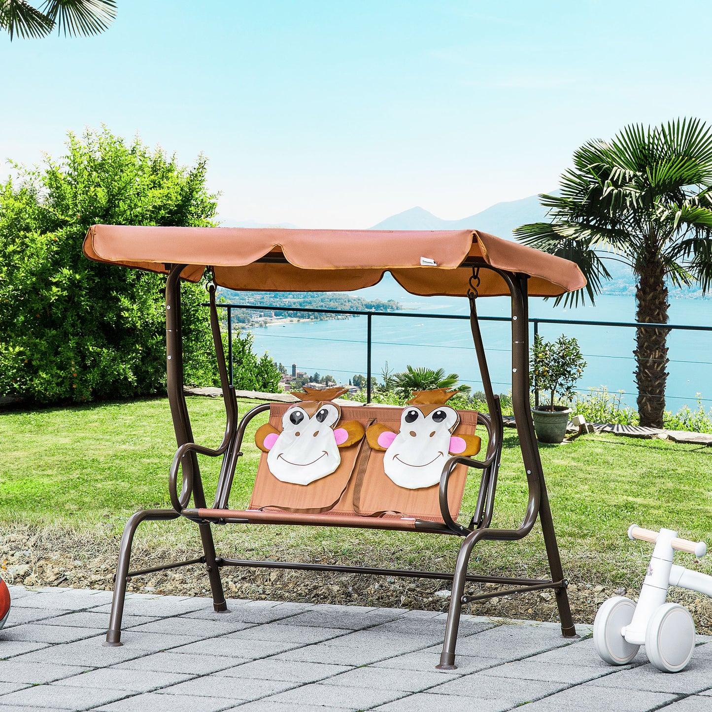 2-Seat Kid Swing with Adjustable Canopy Coffee Outdoor Patio Lounge Chair for Garden Porch Kids Crystal