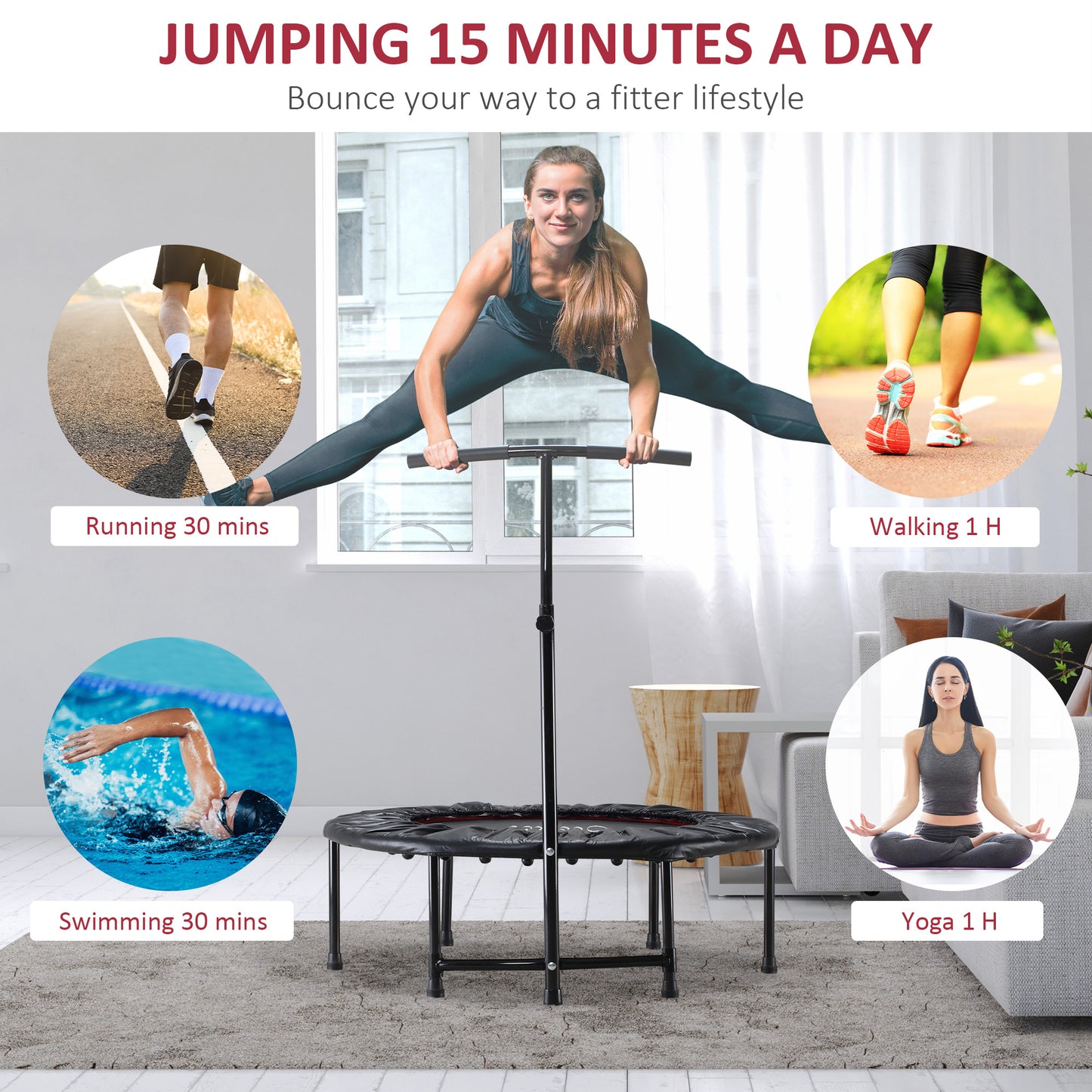 Mini Trampoline 40" Indoor Fitness Rebounder Adjustable Handle Bar Workout Cardio Exercise Black Kids Crystal