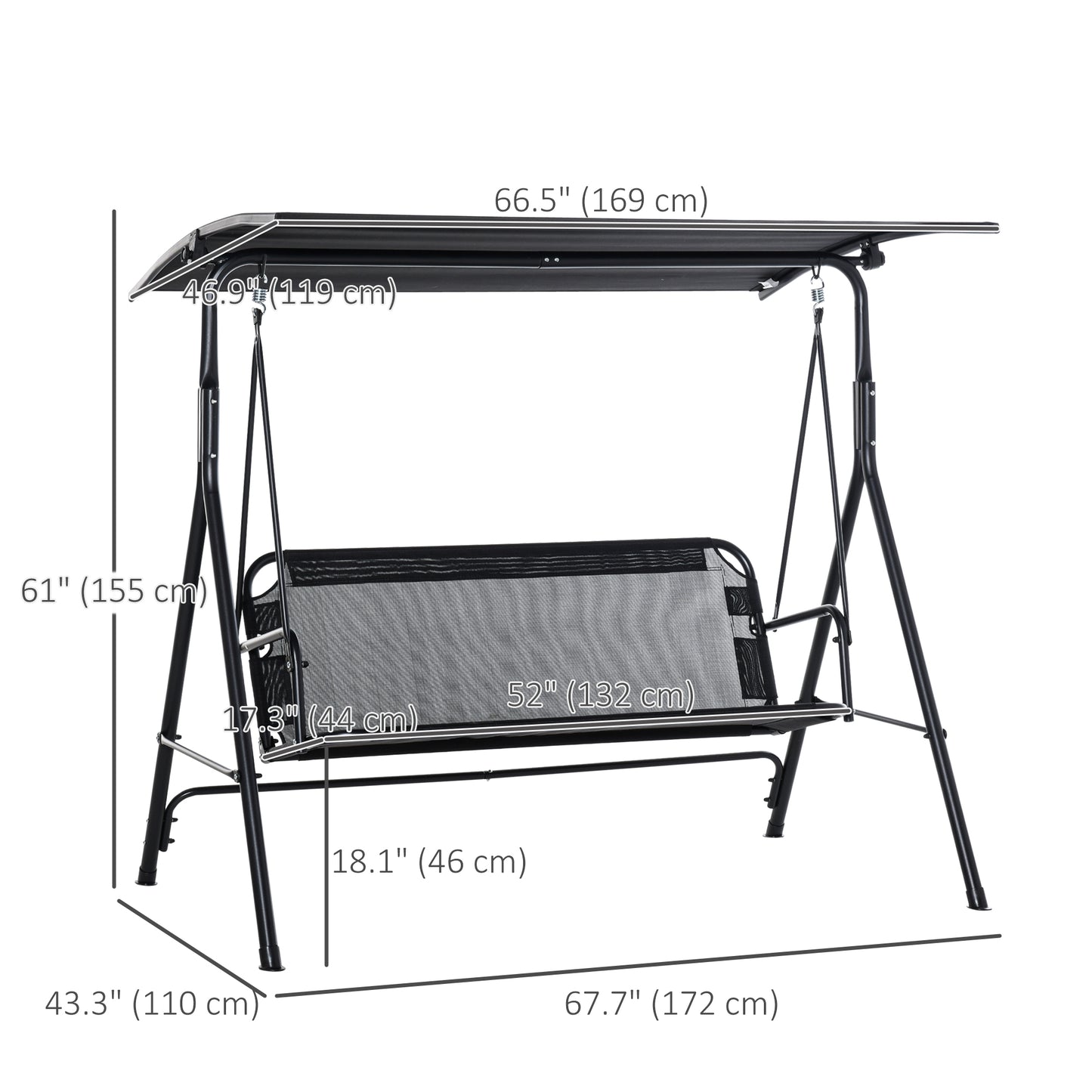 2 Person Porch Swing Chair 2 Seater Patio Swing Bench with Adjustable Canopy Breathable Seat for Garden Poolside Black Kids Crystal