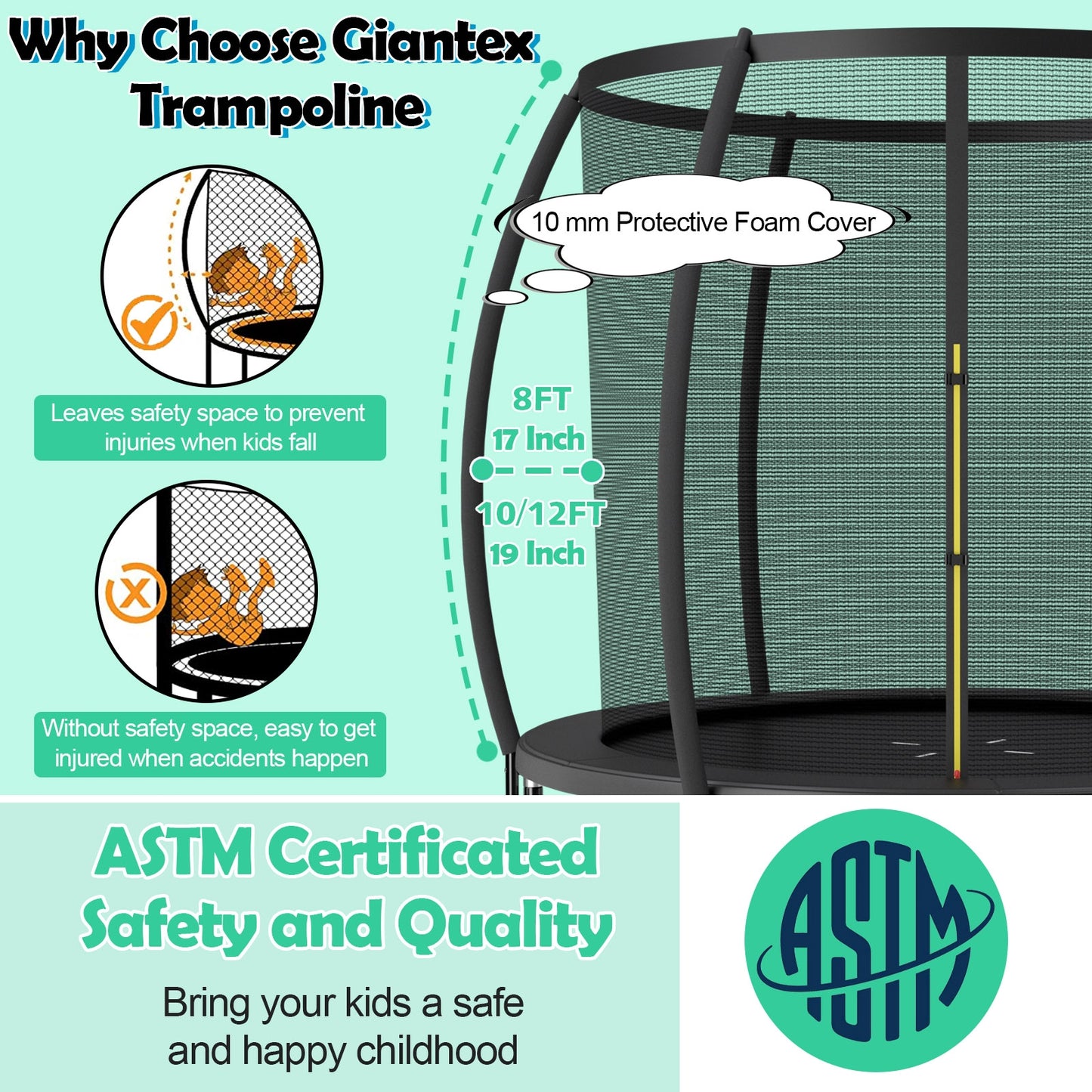 10 Feet ASTM Approved Recreational Trampoline with Ladder-Black Kids Crystal