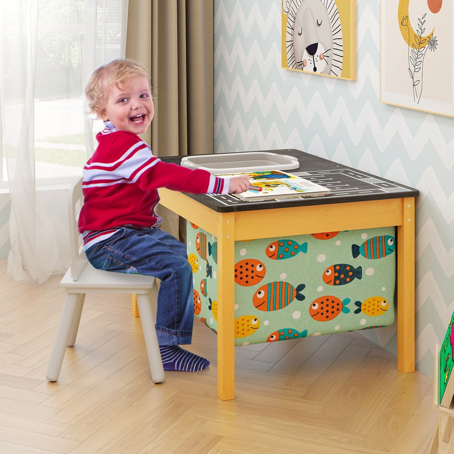 3-in-1 Kids Sand Water Activity Table with Foldable Storage Bin Kids Crystal