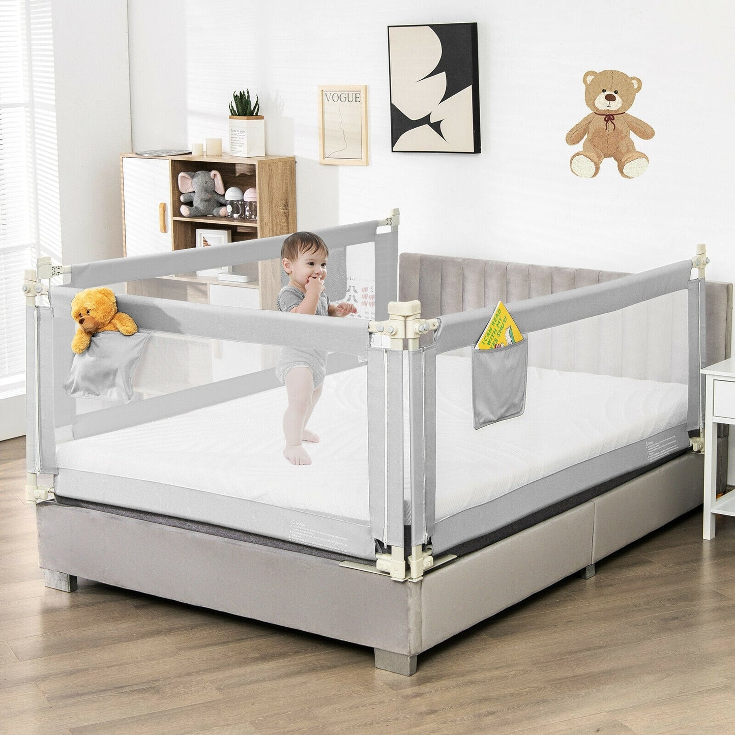 69.5 Inches Toddler Bedrail with Anti-Collision Cotton and Side Pocket-Gray Kids Crystal
