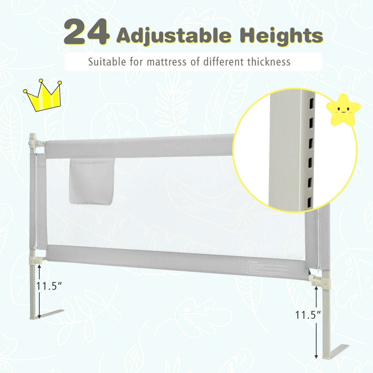 69.5 Inches Toddler Bedrail with Anti-Collision Cotton and Side Pocket-Gray Kids Crystal