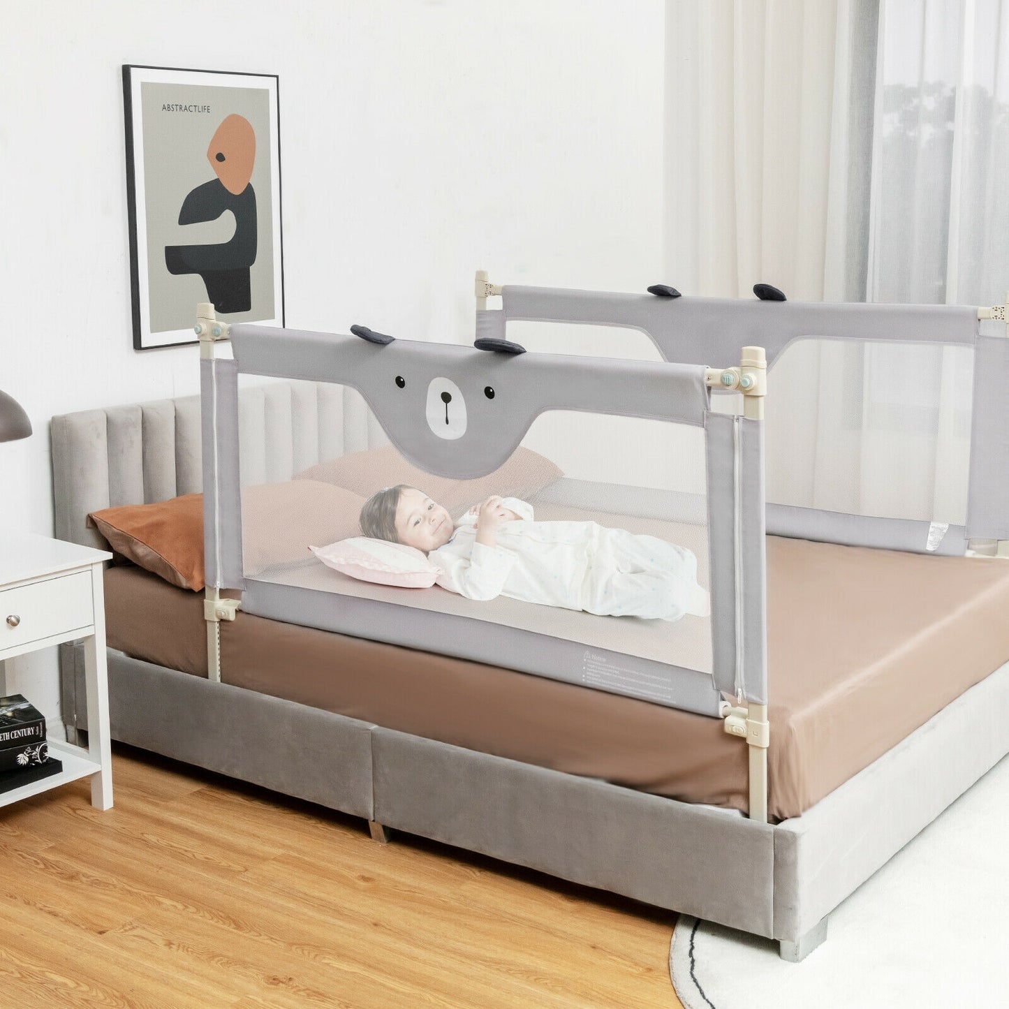 57 Inches Bed Rail for Toddlers with Double Lock-Gray Kids Crystal