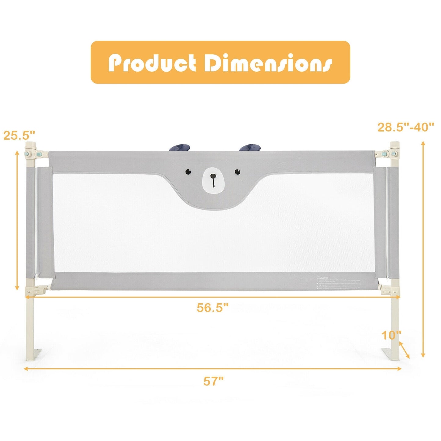 57 Inches Bed Rail for Toddlers with Double Lock-Gray Kids Crystal