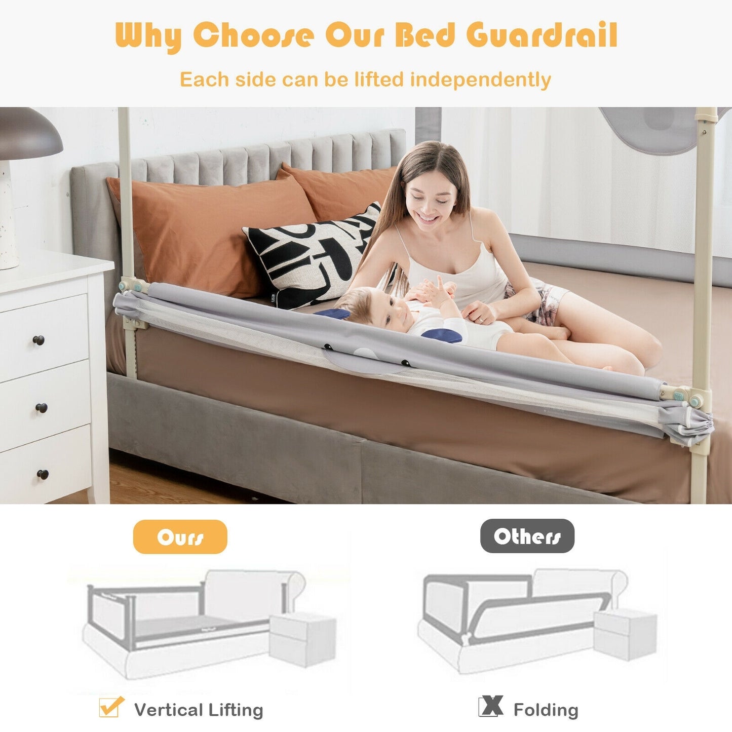 57 Inches Bed Rail for Toddlers with Double Lock-Gray Kids Crystal