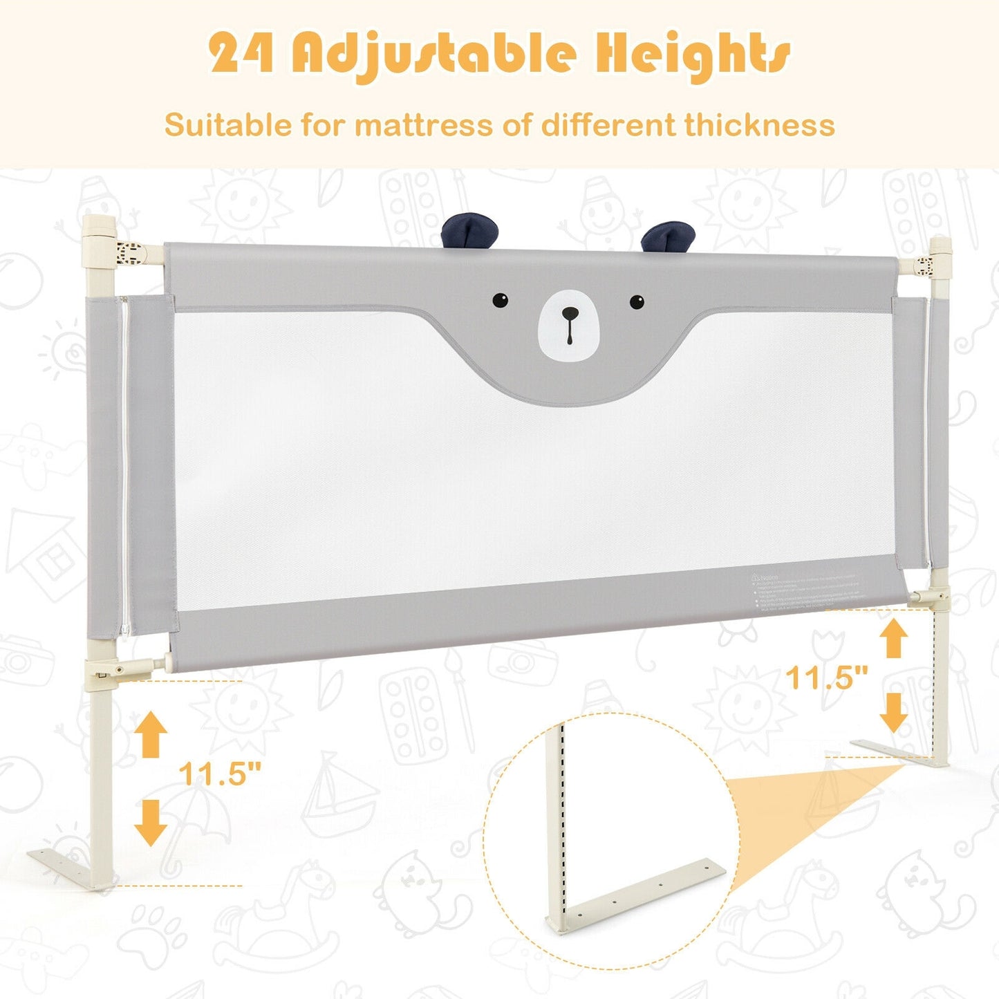 57 Inches Bed Rail for Toddlers with Double Lock-Gray Kids Crystal