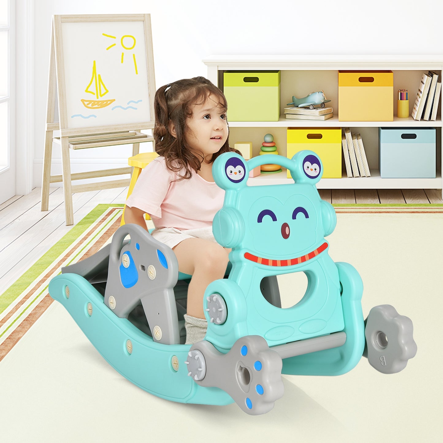 4-in-1 Rocking Horse and Slide Set for Kids-Blue Kids Crystal