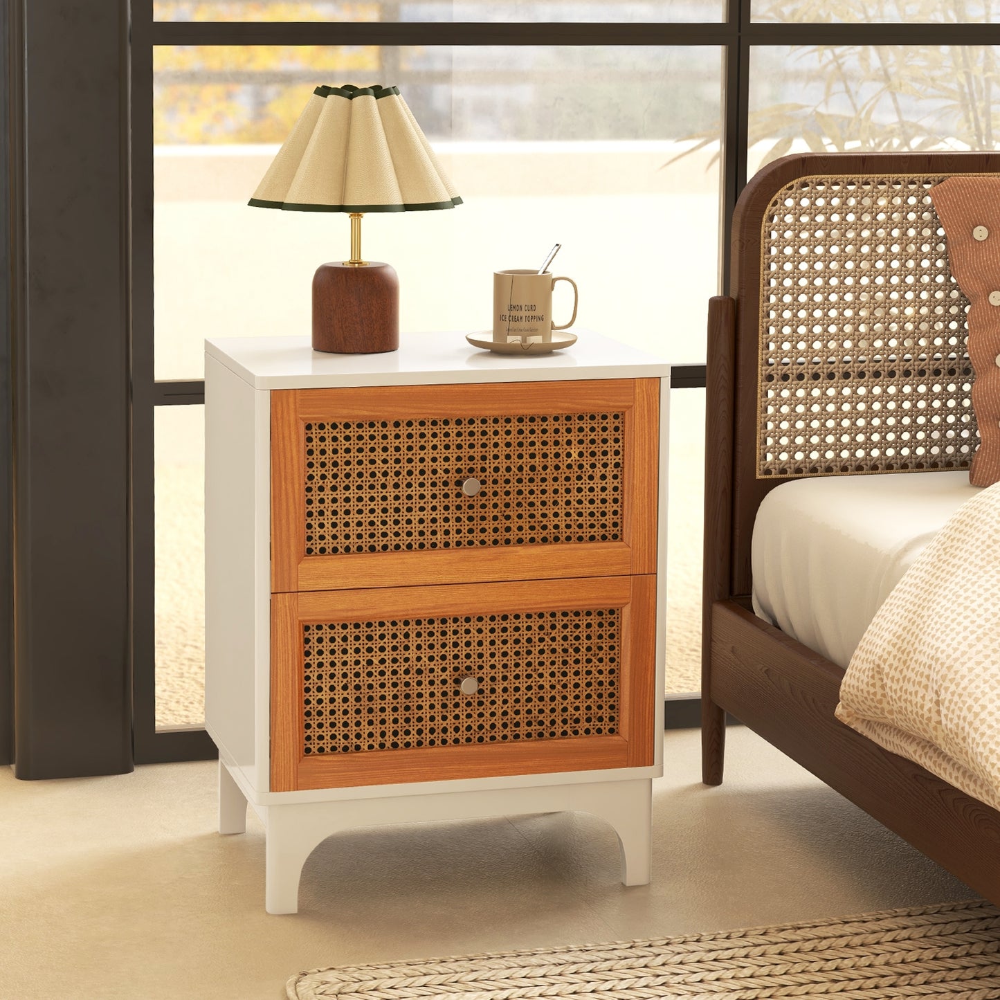 Boho Accent Table Nightstand with 2 Handwoven Rattan Decorated Drawers-White Kids Crystal