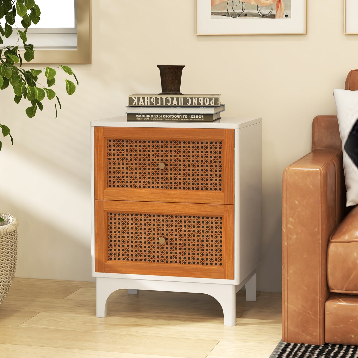 Boho Accent Table Nightstand with 2 Handwoven Rattan Decorated Drawers-White Kids Crystal