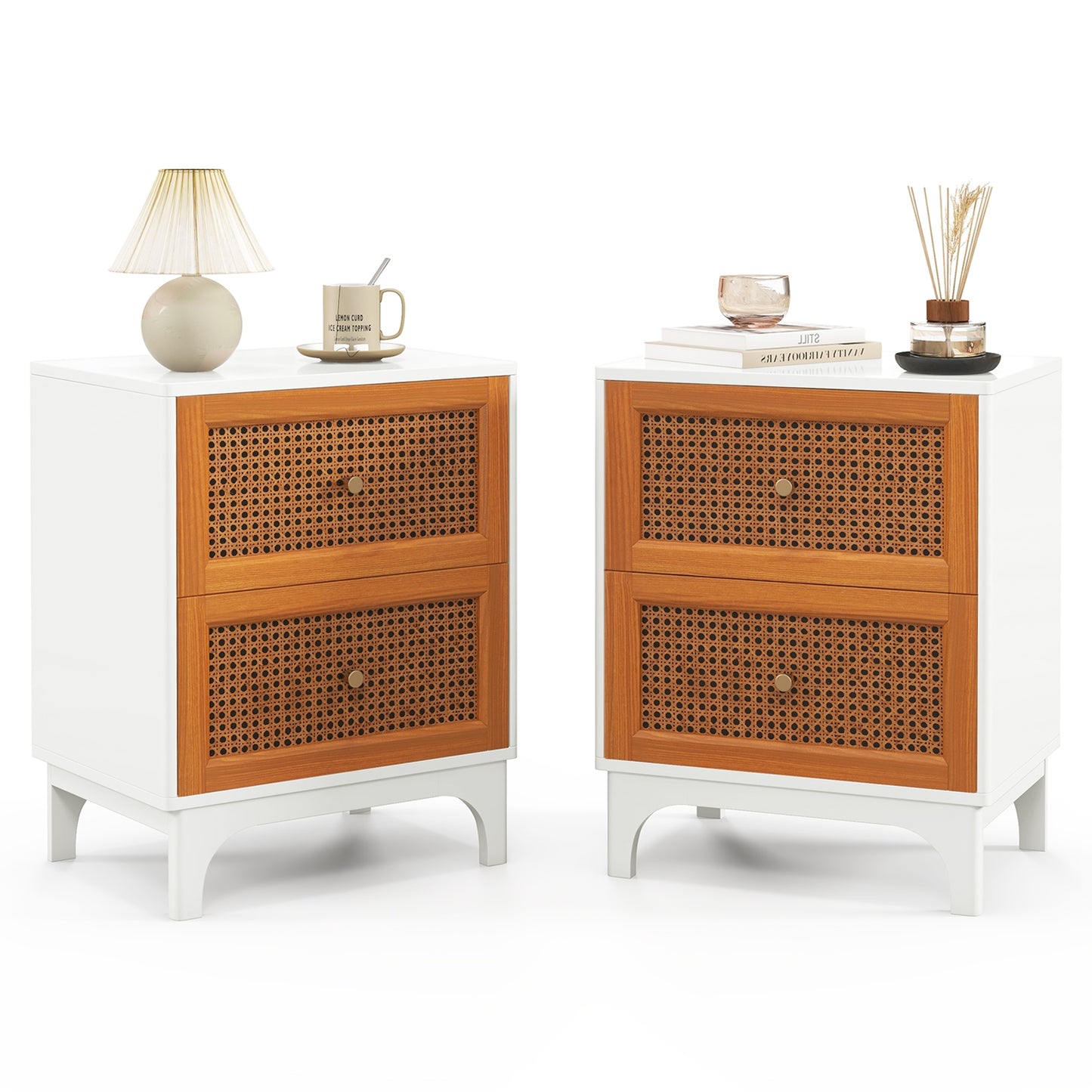 Boho Accent Table Nightstand with 2 Handwoven Rattan Decorated Drawers-White Kids Crystal