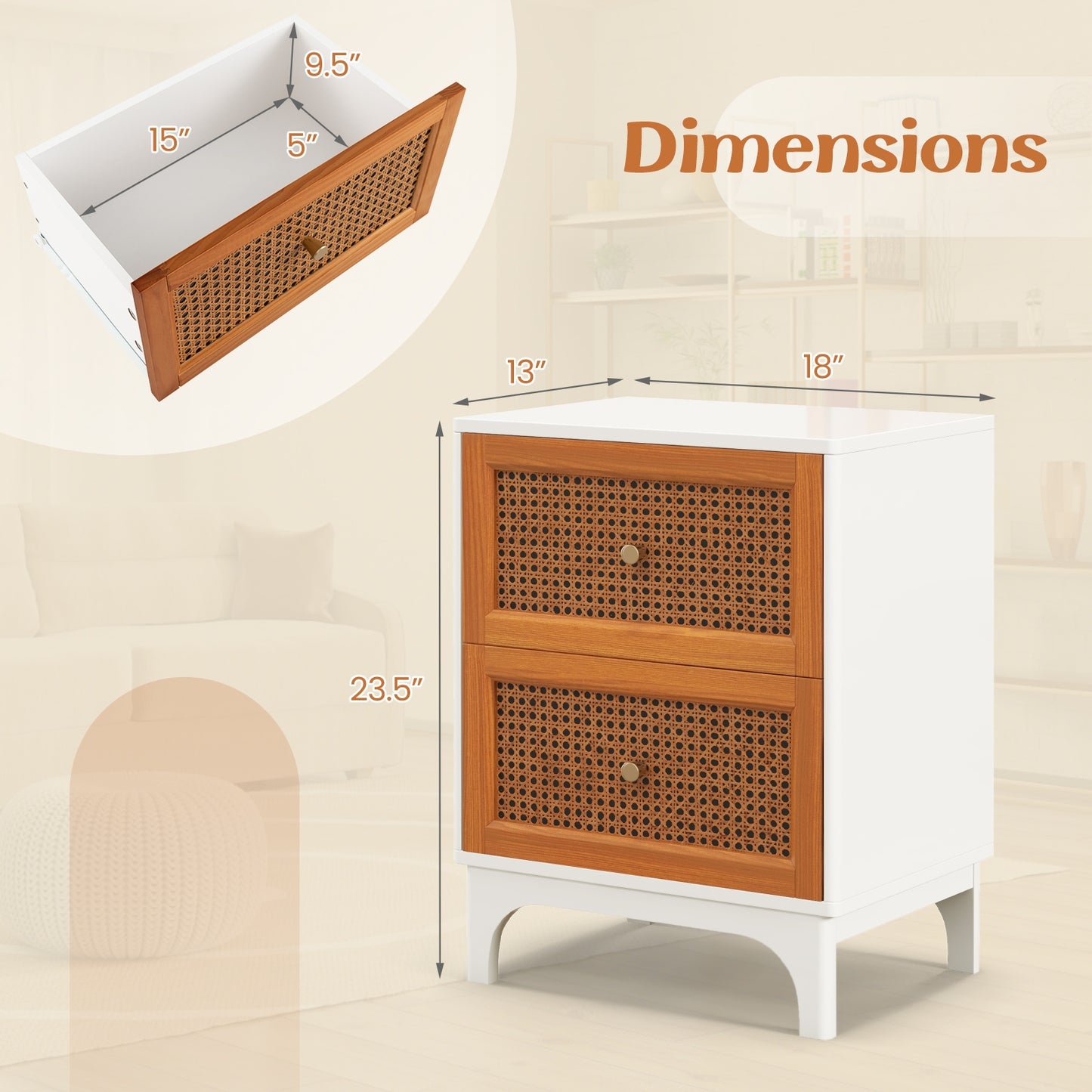 Boho Accent Table Nightstand with 2 Handwoven Rattan Decorated Drawers-White Kids Crystal