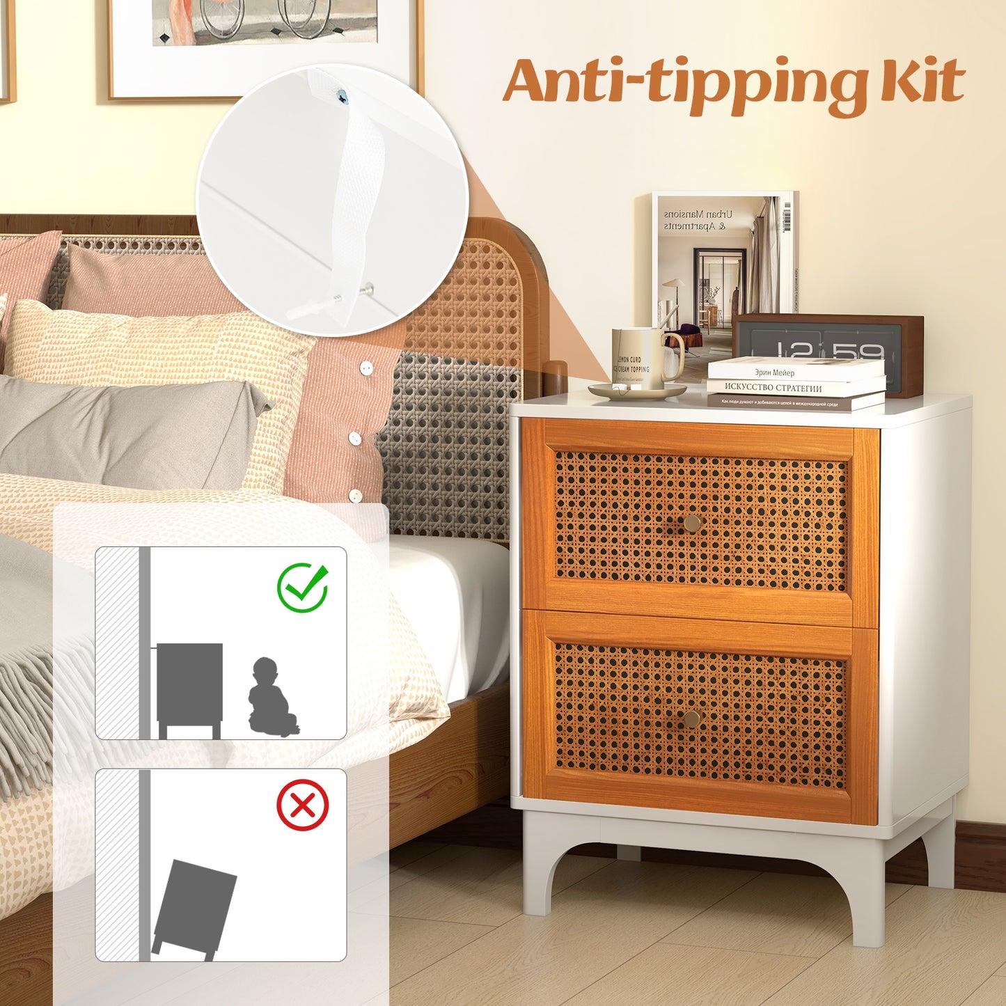 Boho Accent Table Nightstand with 2 Handwoven Rattan Decorated Drawers-White Kids Crystal