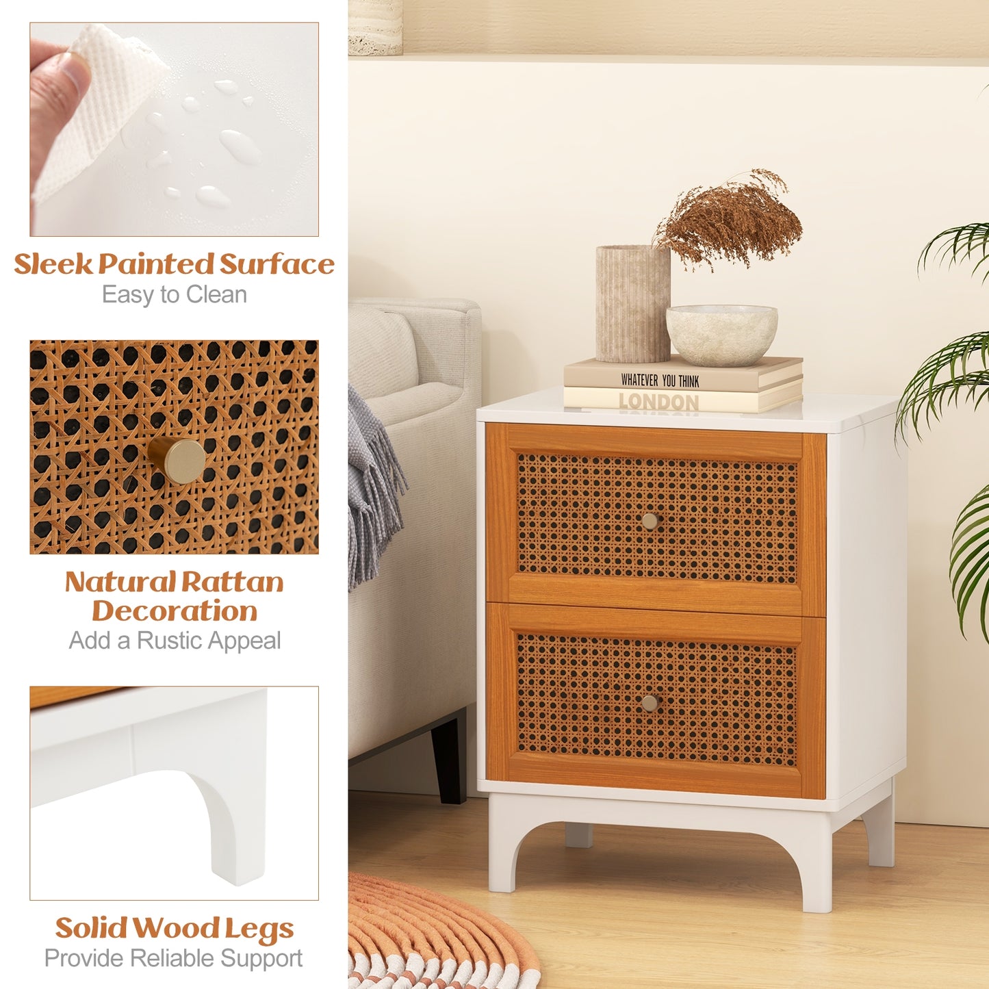 Boho Accent Table Nightstand with 2 Handwoven Rattan Decorated Drawers-White Kids Crystal