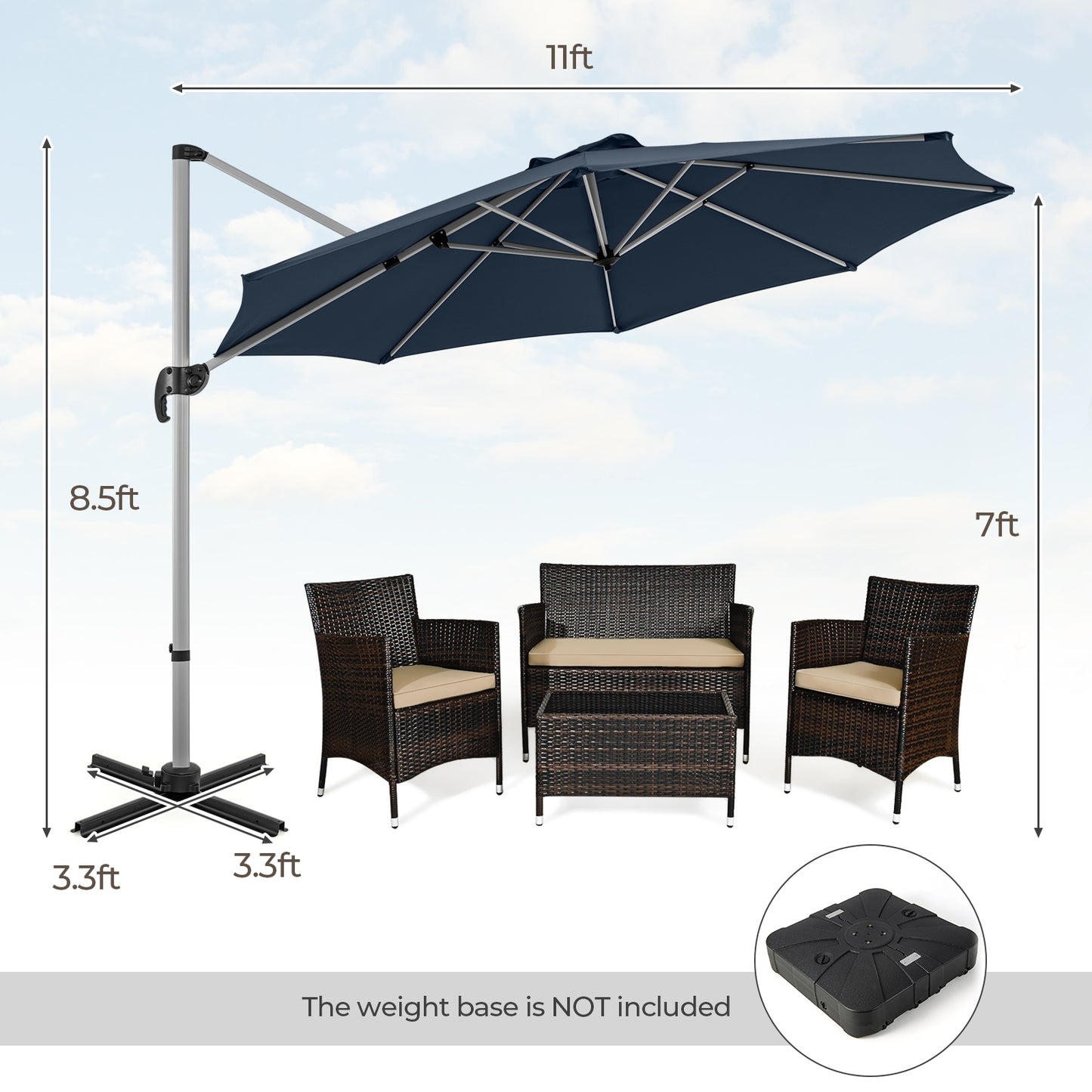 11 FT Outdoor Patio Umbrella with 360° Rotation and Adjustable Tilt-Navy Kids Crystal
