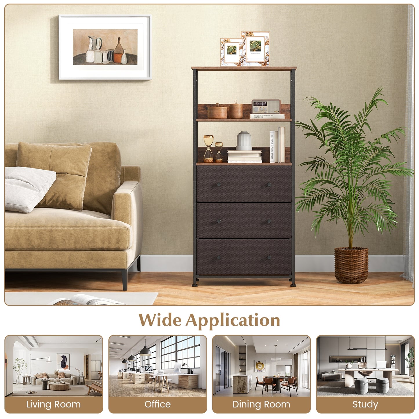 Chest of Fabric Drawer with 3 Folding Fabric Drawers and Anti-tipping Devices-Brown Kids Crystal