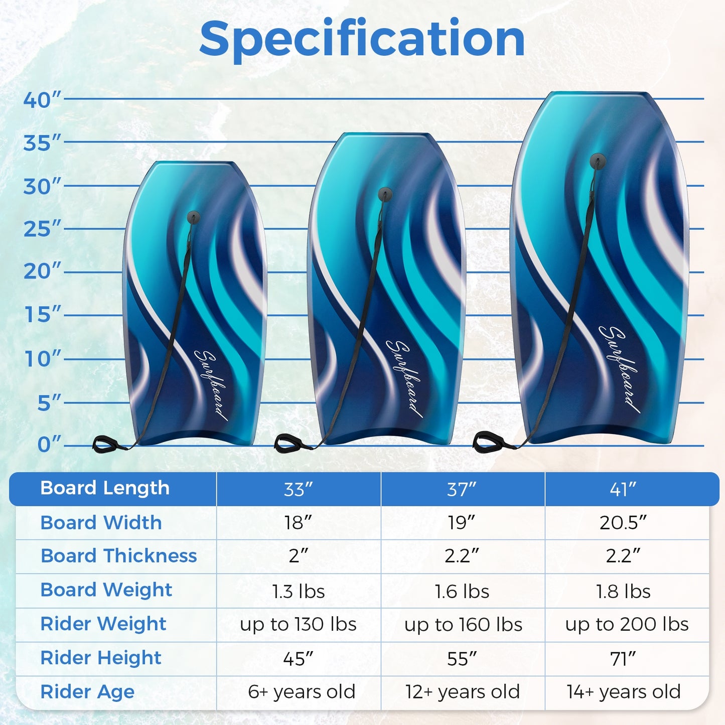 33/37/41 Inches Lightweight Body Board Boogie Board with EPS Core XPE Deck HDPE Bottom-L Kids Crystal