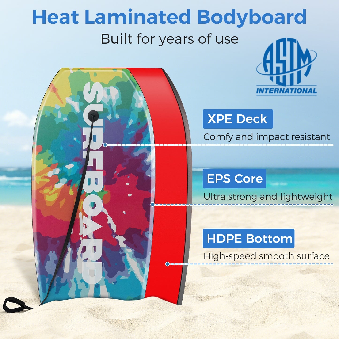 33/37/41 Inches Lightweight Body Board Boogie Board with EPS Core XPE Deck HDPE Bottom Multicolor1-L Kids Crystal