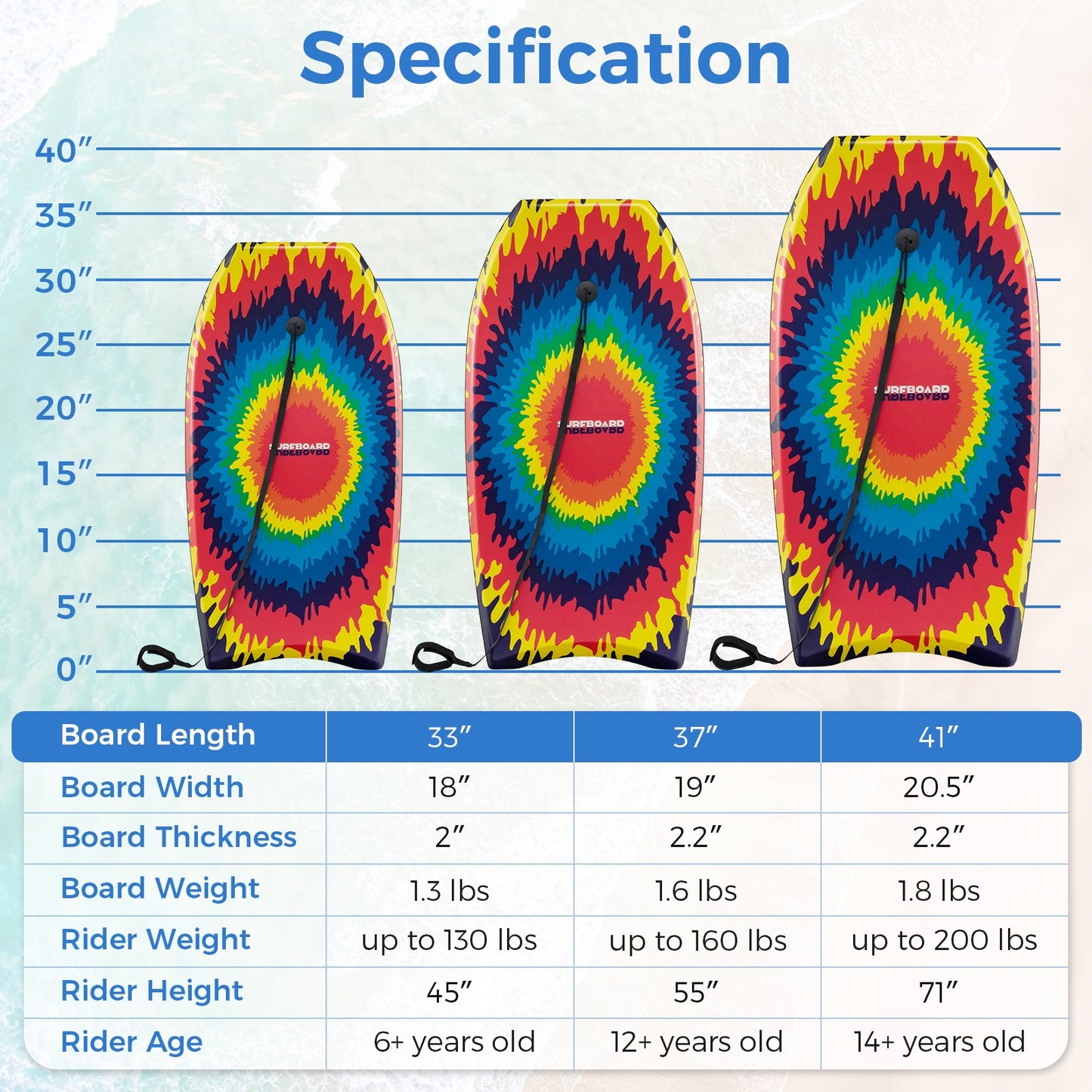 33/37/41 Inches Lightweight Body Board Boogie Board with EPS Core XPE Deck HDPE Bottom Multicolor3-L Kids Crystal
