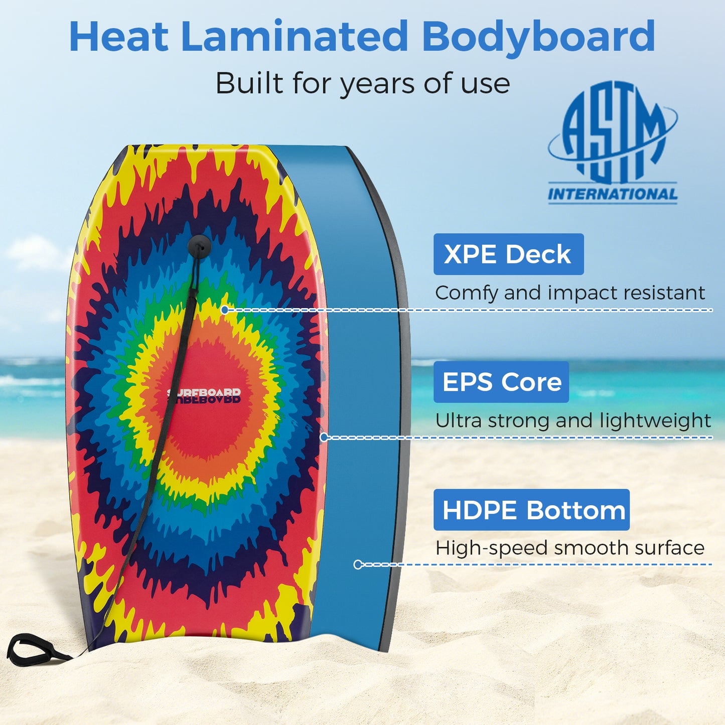 33/37/41 Inches Lightweight Body Board Boogie Board with EPS Core XPE Deck HDPE Bottom Multicolor3-L Kids Crystal
