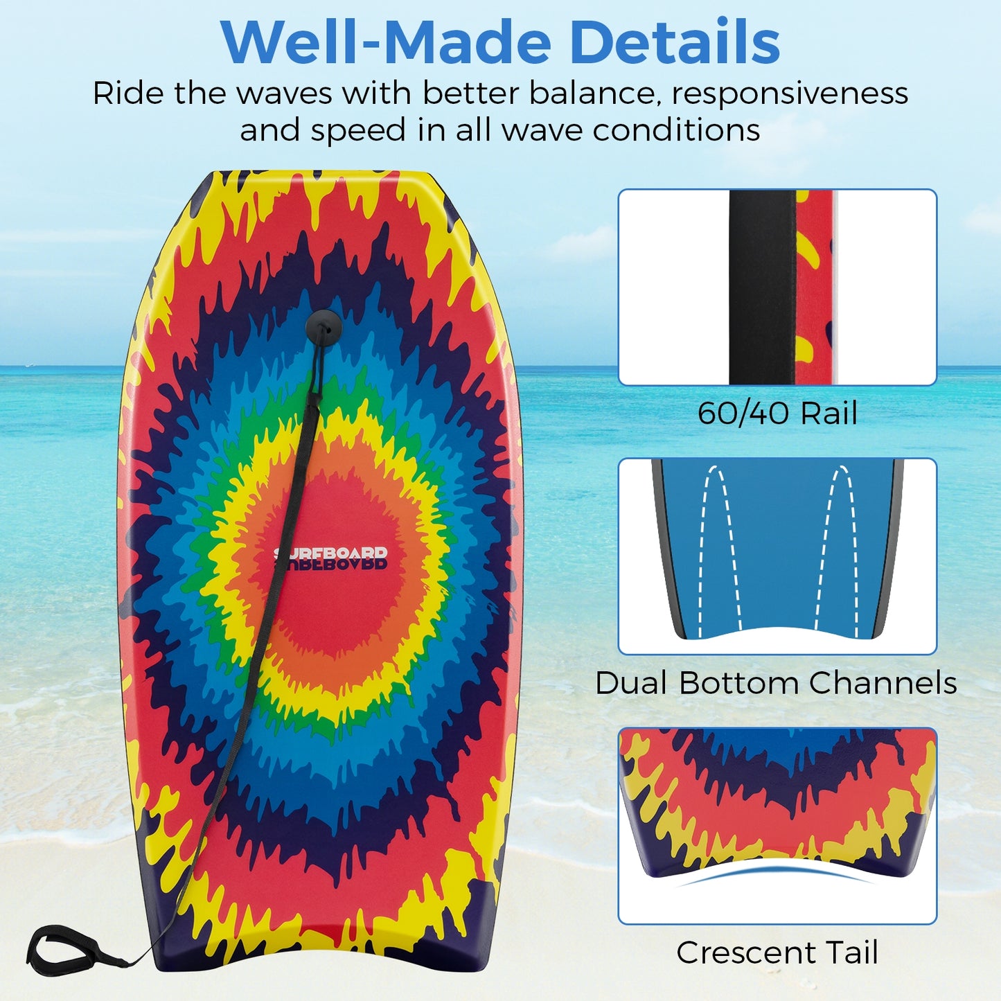 33/37/41 Inches Lightweight Body Board Boogie Board with EPS Core XPE Deck HDPE Bottom Multicolor3-L Kids Crystal