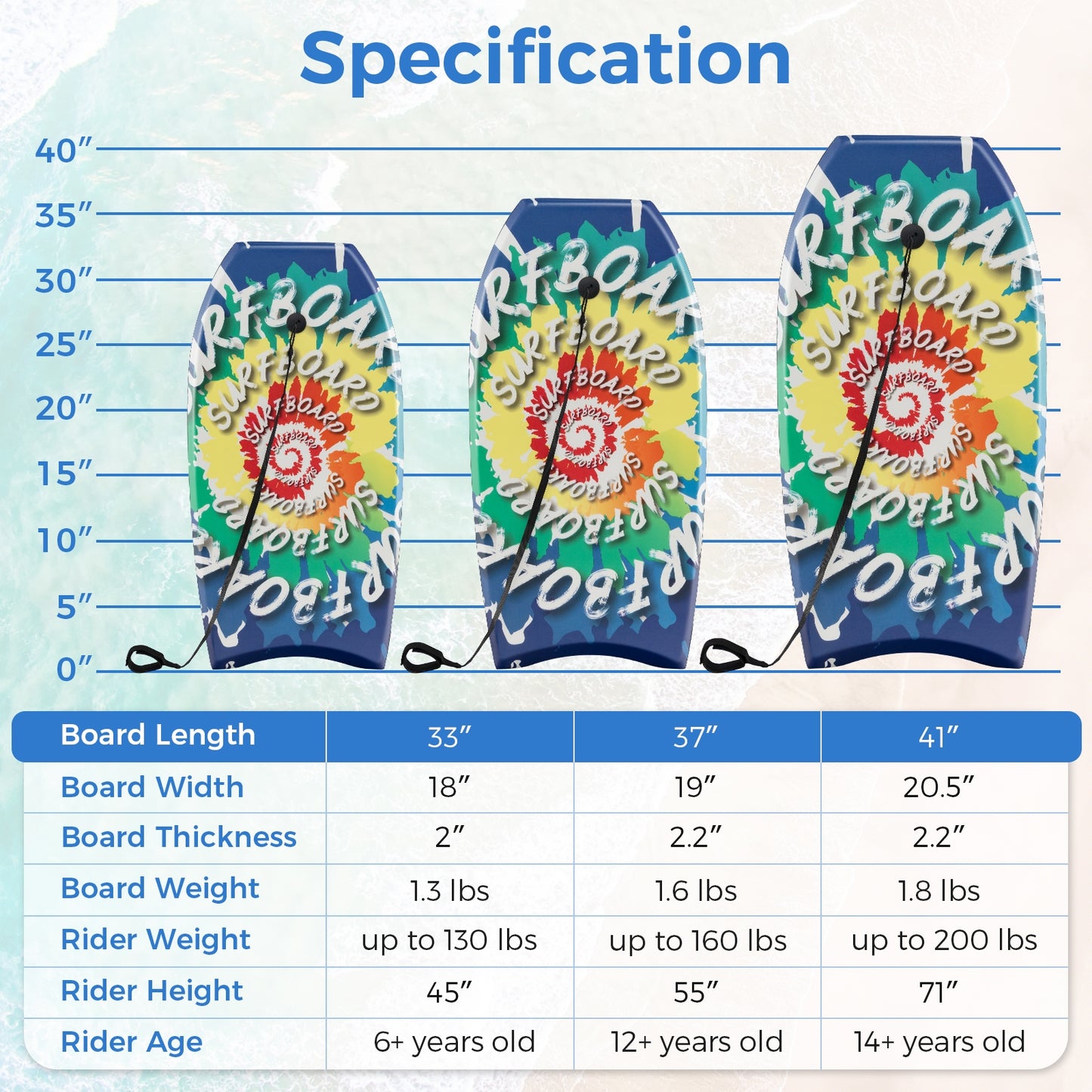 33/37/41 Inches Lightweight Body Board Boogie Board with EPS Core XPE Deck HDPE Bottom Multicolor4-L Kids Crystal