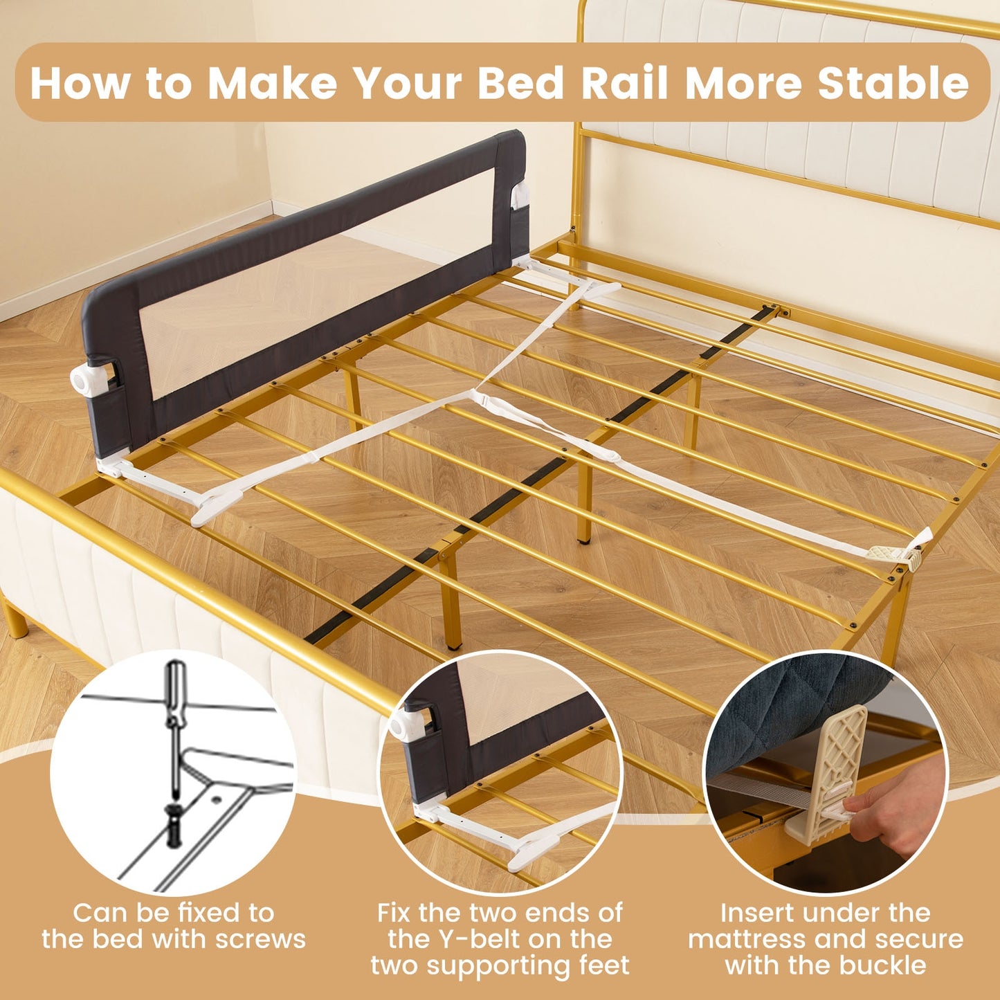 60-Inch Foldable Bed Rail Swing Down Baby Bed Guard Rail with Adjustable Safety Strap-Grey Kids Crystal