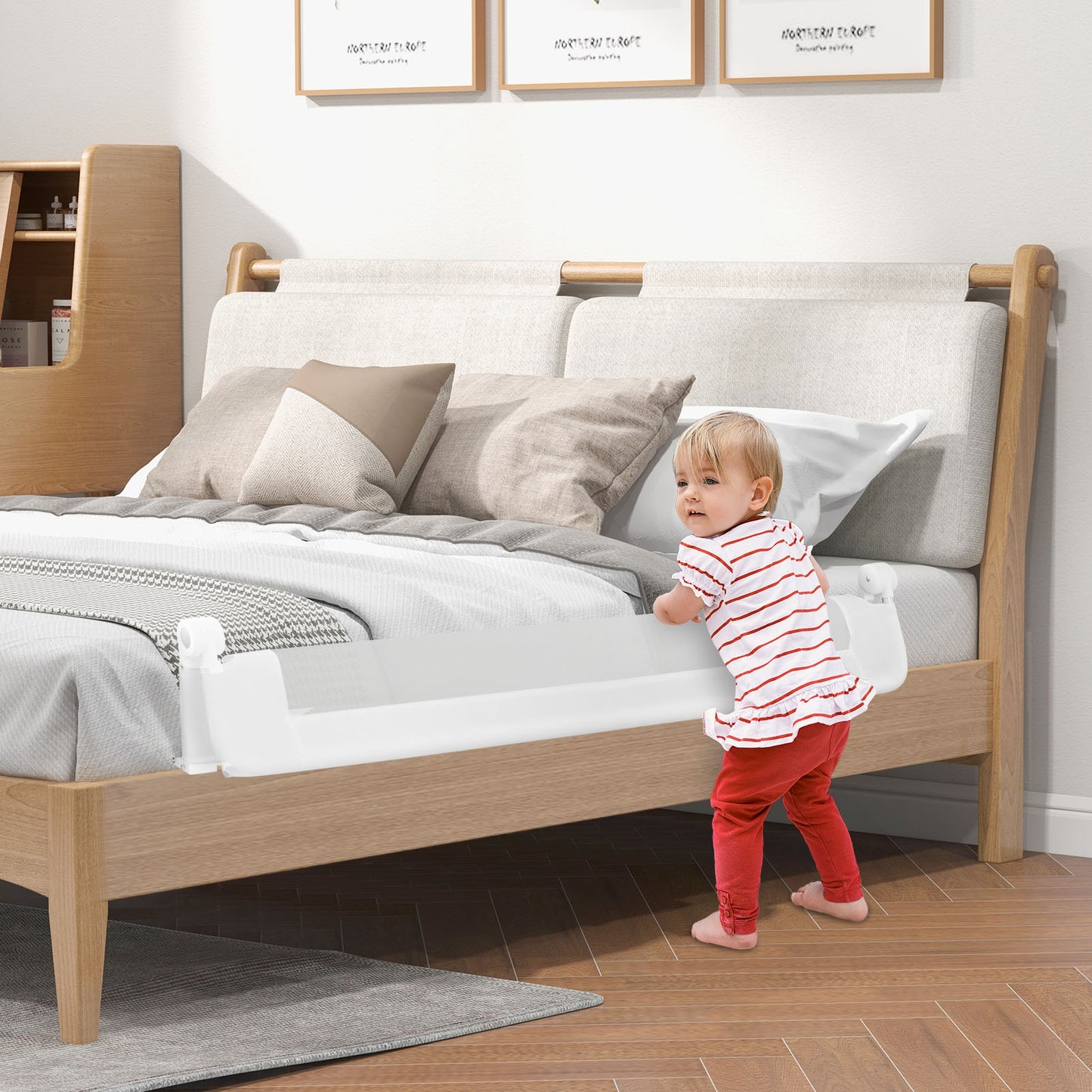 60-Inch Foldable Bed Rail Swing Down Baby Bed Guard Rail with Adjustable Safety Strap-White Kids Crystal