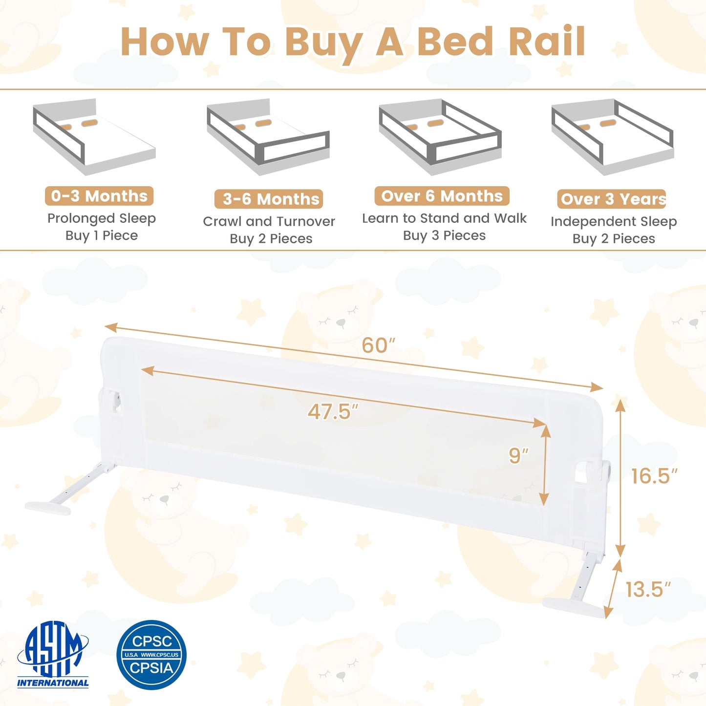 60-Inch Foldable Bed Rail Swing Down Baby Bed Guard Rail with Adjustable Safety Strap-White Kids Crystal