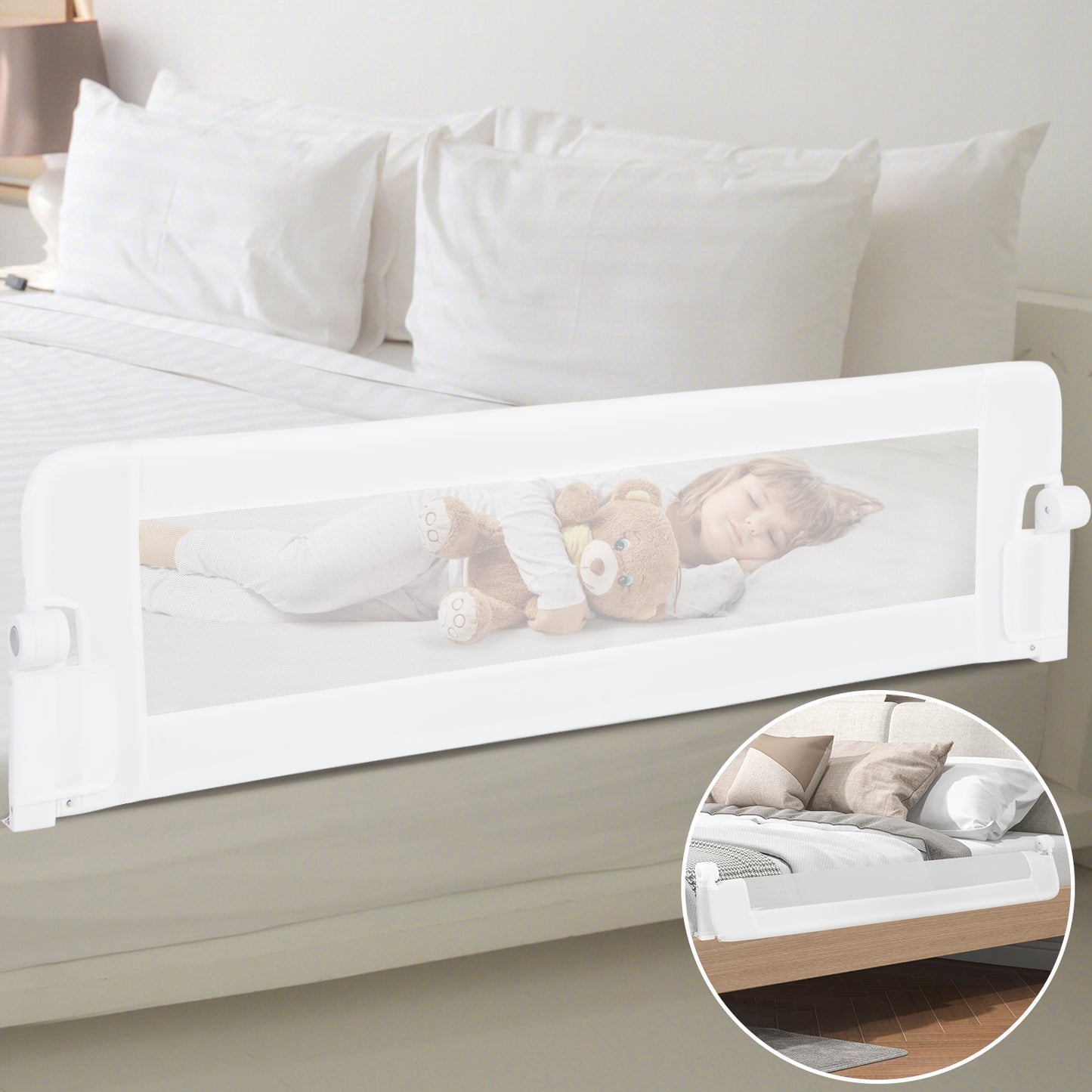 60-Inch Foldable Bed Rail Swing Down Baby Bed Guard Rail with Adjustable Safety Strap-White Kids Crystal