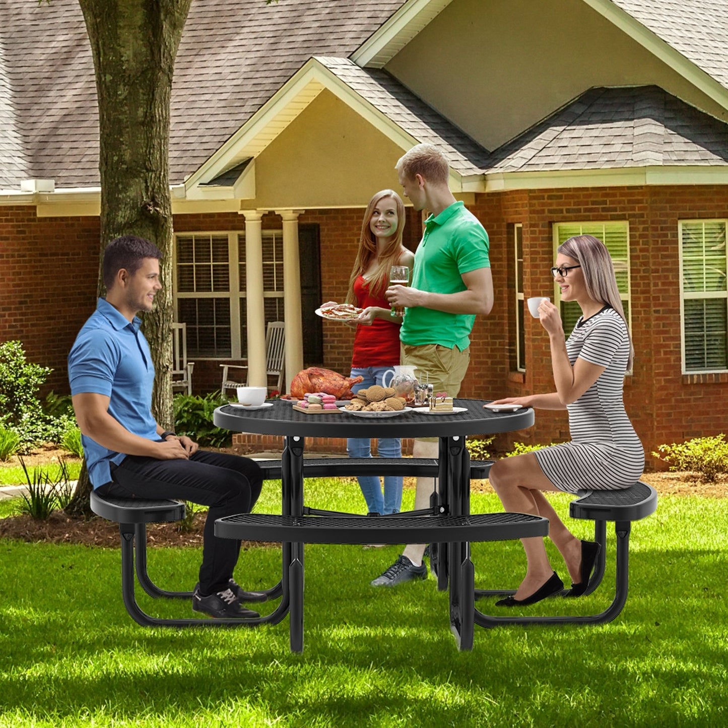 45 Inches Outdoor Round Picnic Table and Bench Set for 8 with Umbrella Hole-Black Kids Crystal
