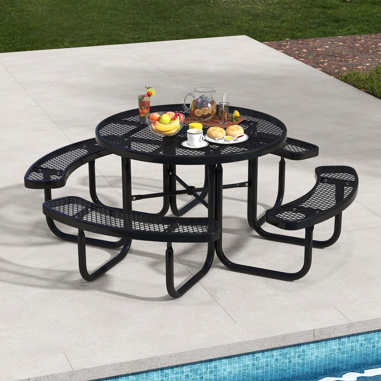 45 Inches Outdoor Round Picnic Table and Bench Set for 8 with Umbrella Hole-Black Kids Crystal