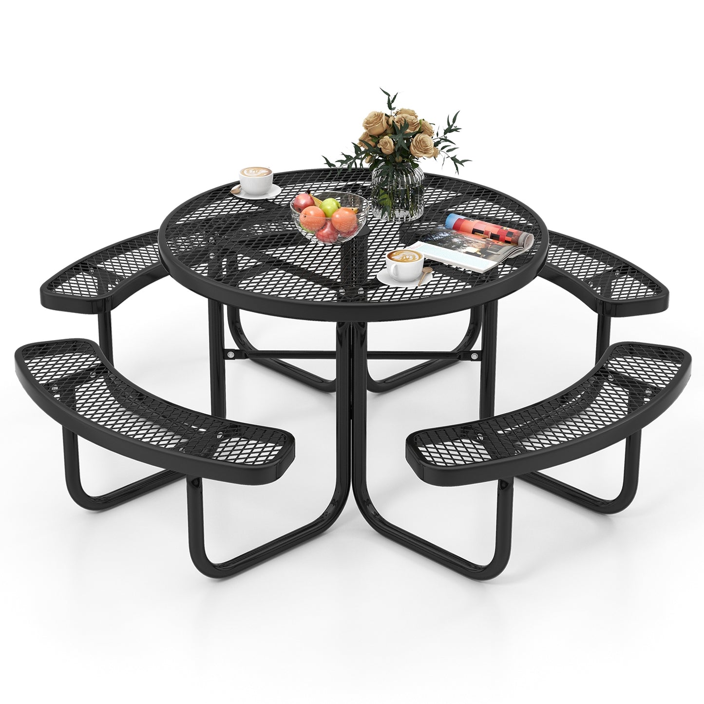 45 Inches Outdoor Round Picnic Table and Bench Set for 8 with Umbrella Hole-Black Kids Crystal