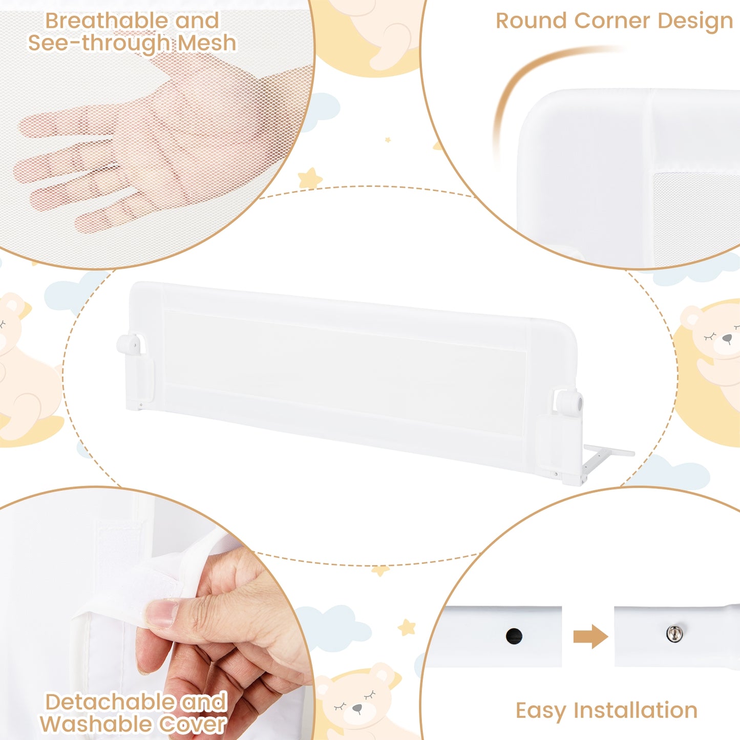 60-Inch Foldable Bed Rail Swing Down Baby Bed Guard Rail with Adjustable Safety Strap-White Kids Crystal