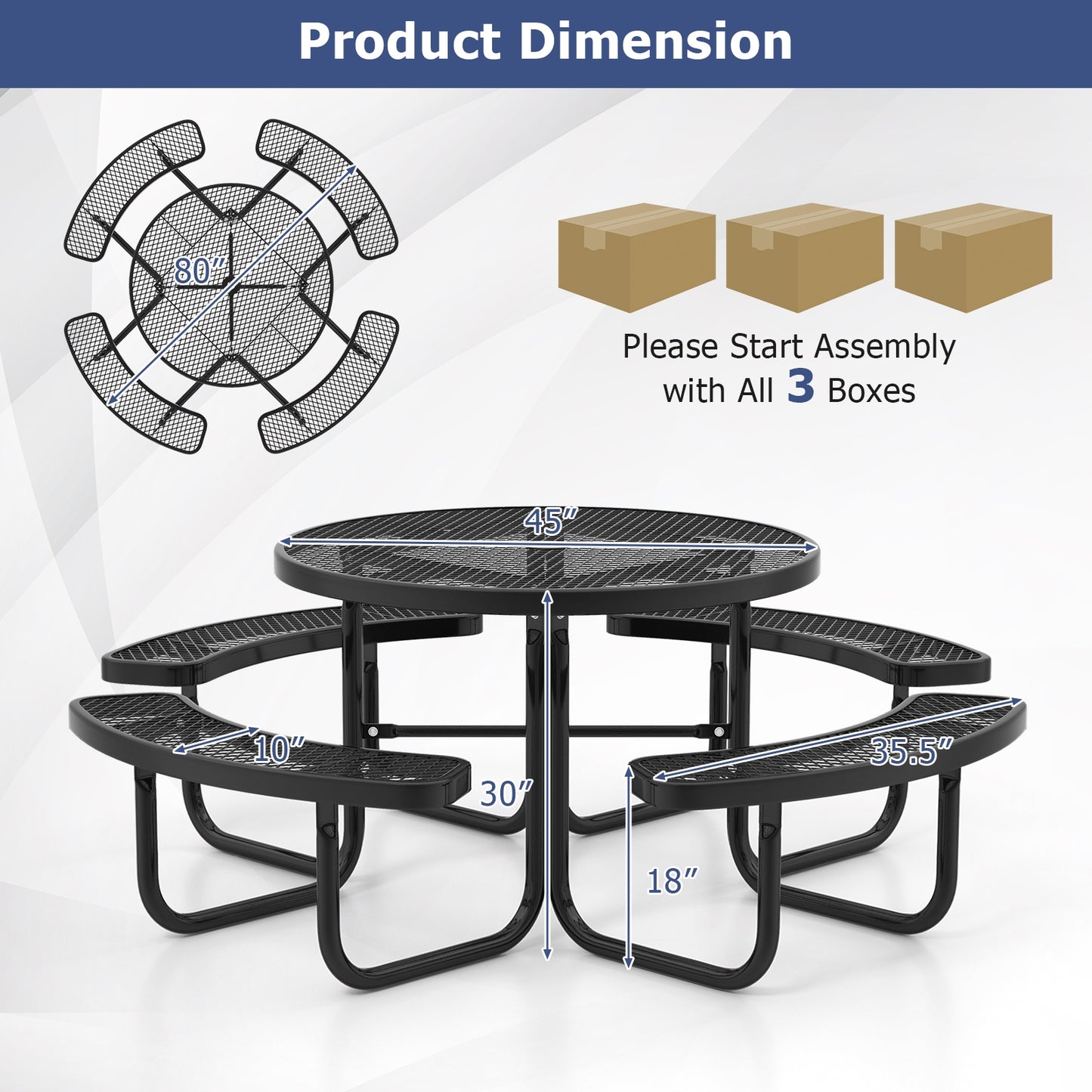 45 Inches Outdoor Round Picnic Table and Bench Set for 8 with Umbrella Hole-Black Kids Crystal