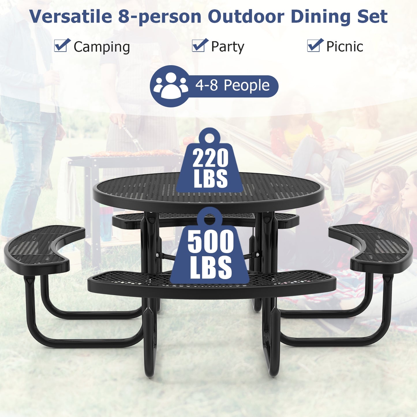 45 Inches Outdoor Round Picnic Table and Bench Set for 8 with Umbrella Hole-Black Kids Crystal