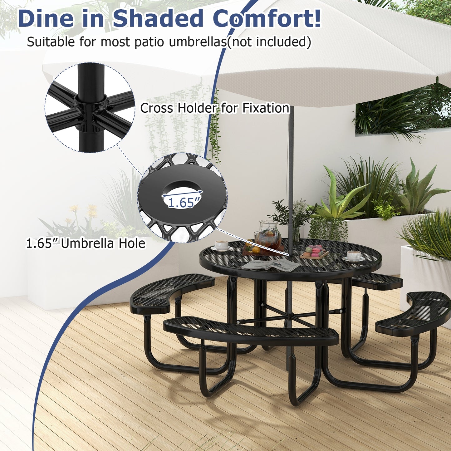 45 Inches Outdoor Round Picnic Table and Bench Set for 8 with Umbrella Hole-Black Kids Crystal