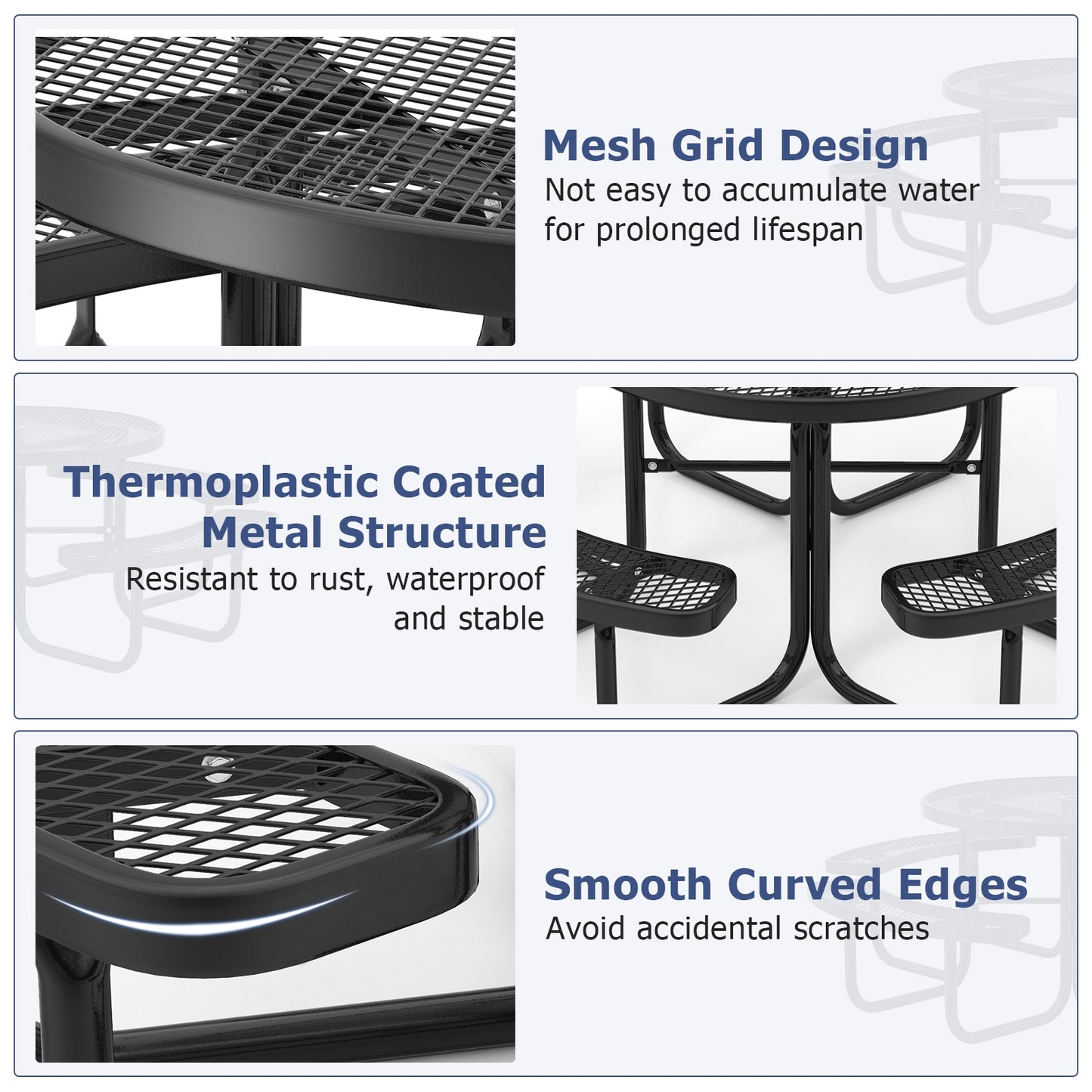 45 Inches Outdoor Round Picnic Table and Bench Set for 8 with Umbrella Hole-Black Kids Crystal