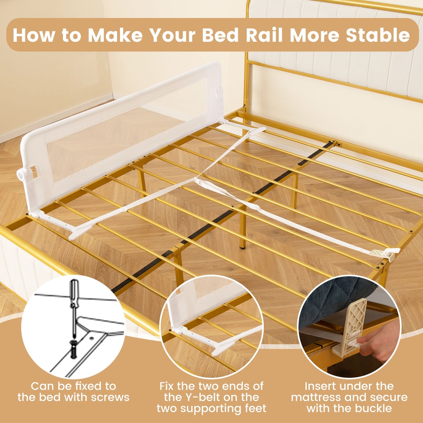60-Inch Foldable Bed Rail Swing Down Baby Bed Guard Rail with Adjustable Safety Strap-White Kids Crystal