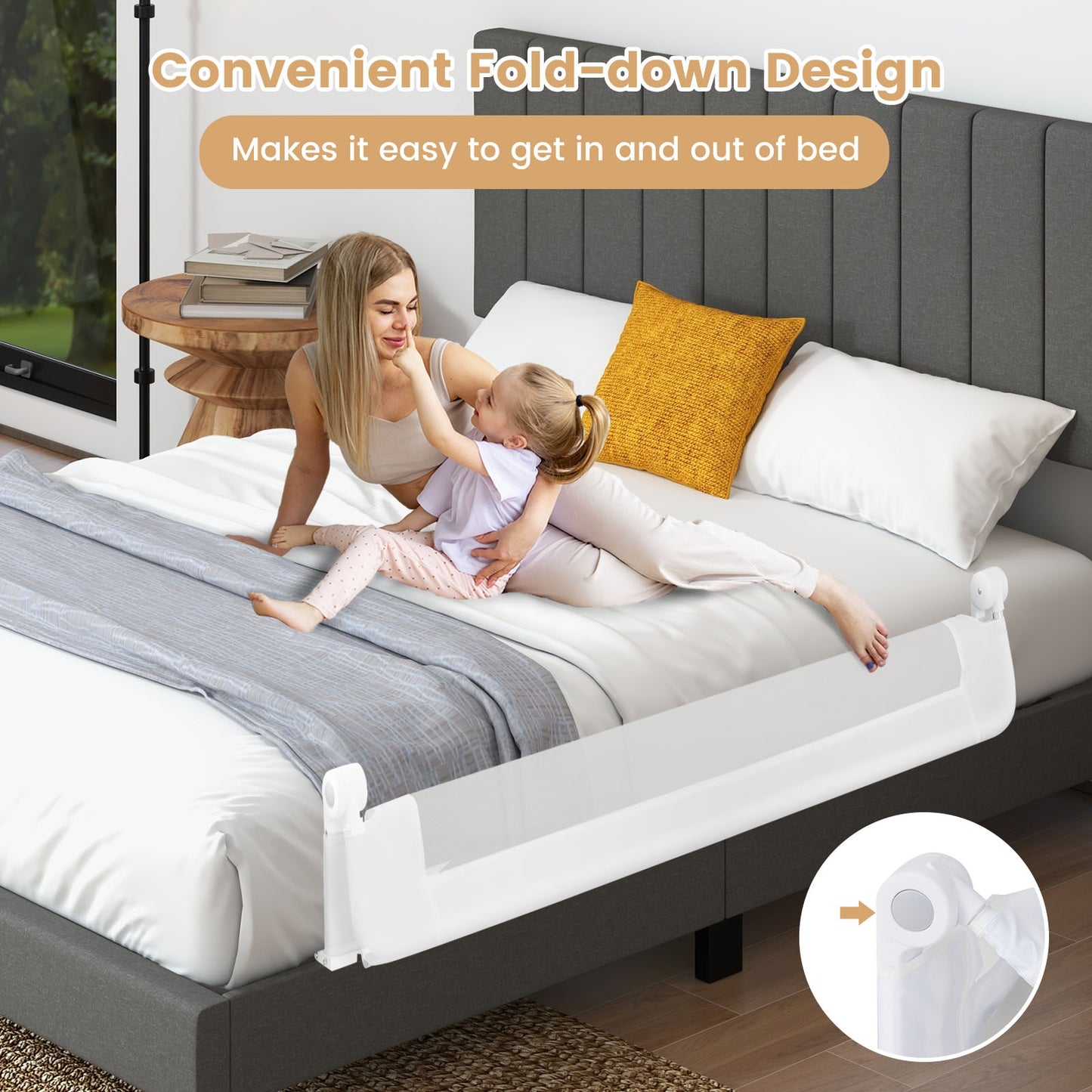 60-Inch Foldable Bed Rail Swing Down Baby Bed Guard Rail with Adjustable Safety Strap-White Kids Crystal