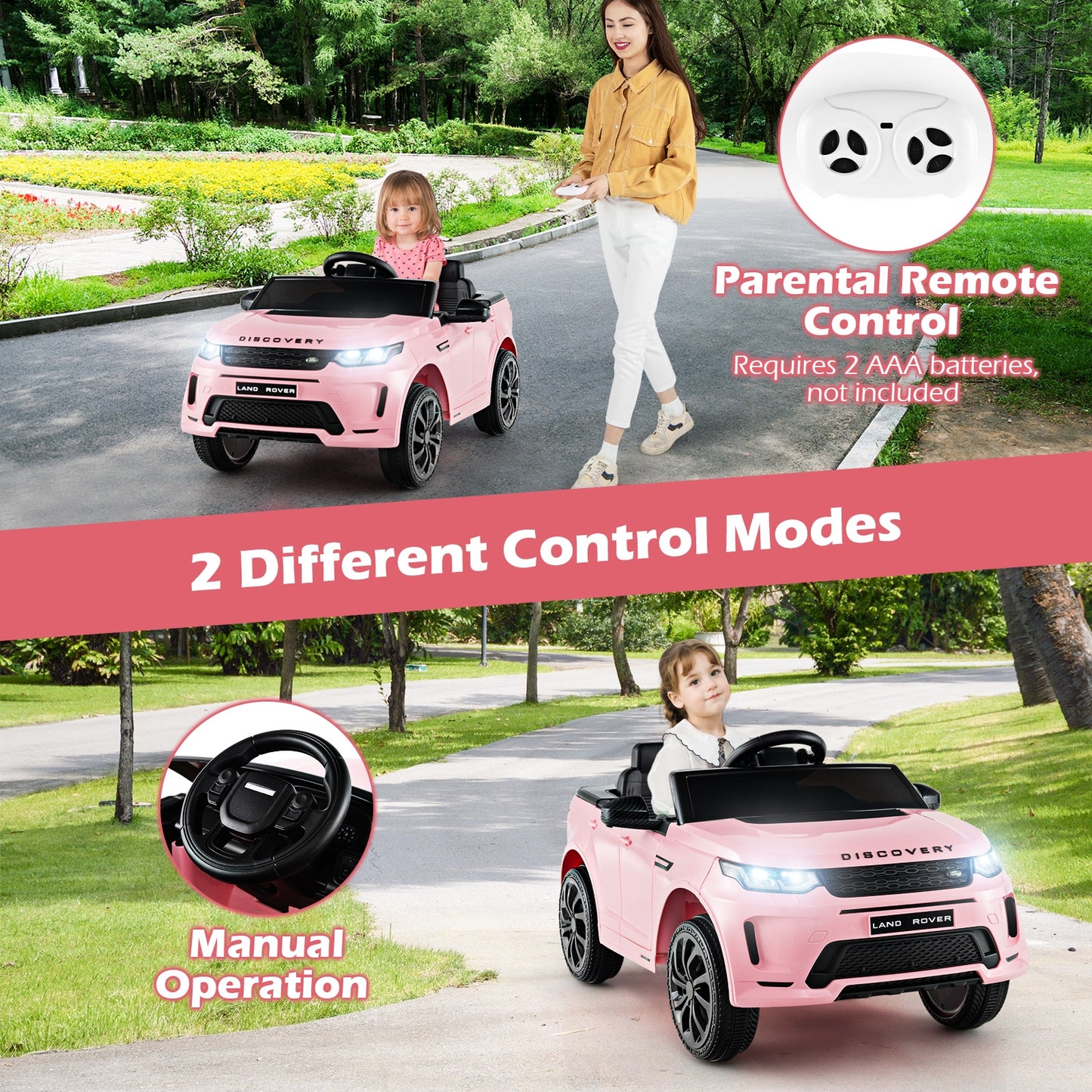 12V Kids Ride On Car with Remote Control Lockable Doors Slow Start System and LED Lights-Pink Kids Crystal